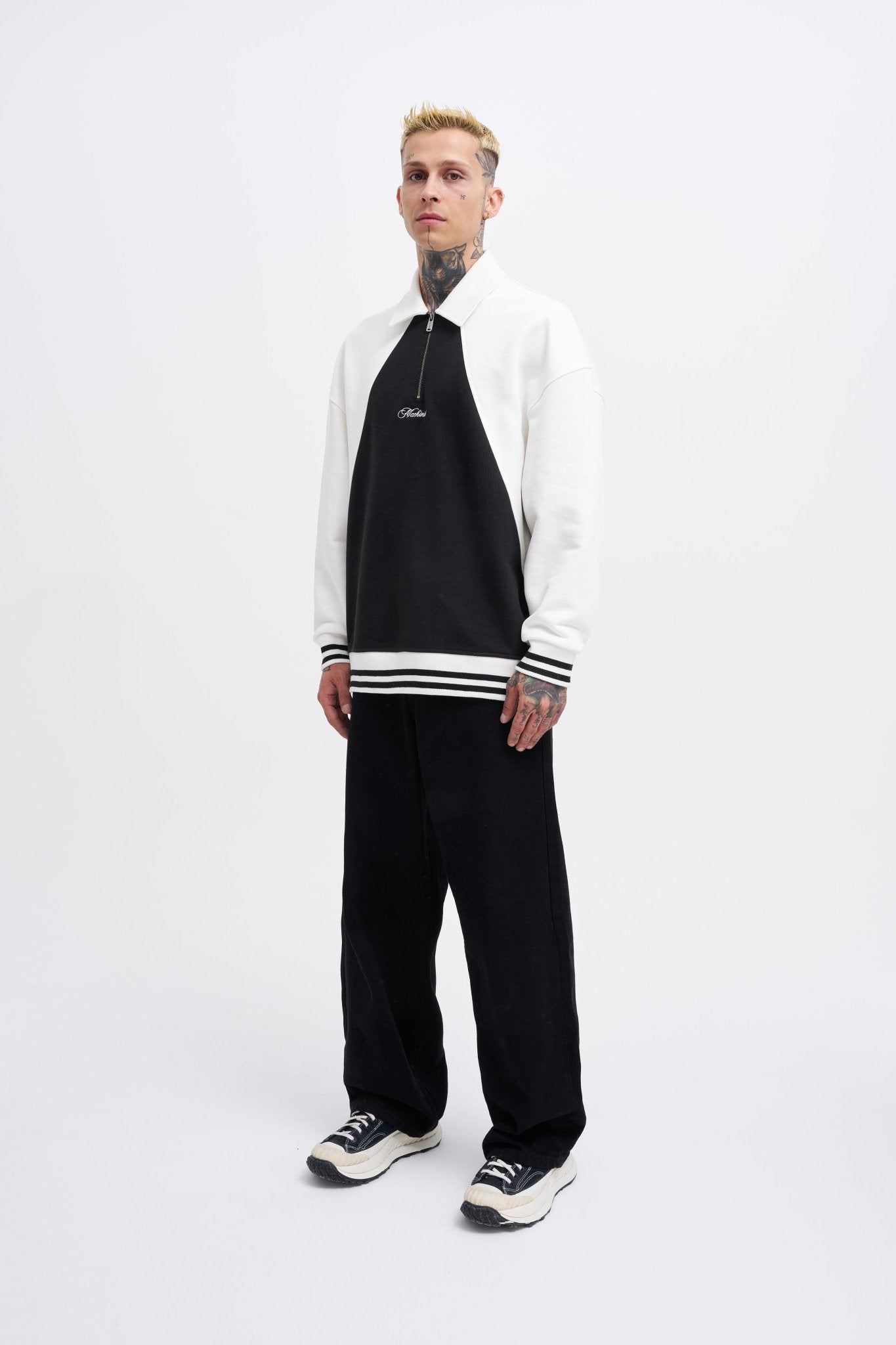 Erkek İşleme Detaylı Polo Sweatshirt Siyah - Ekru