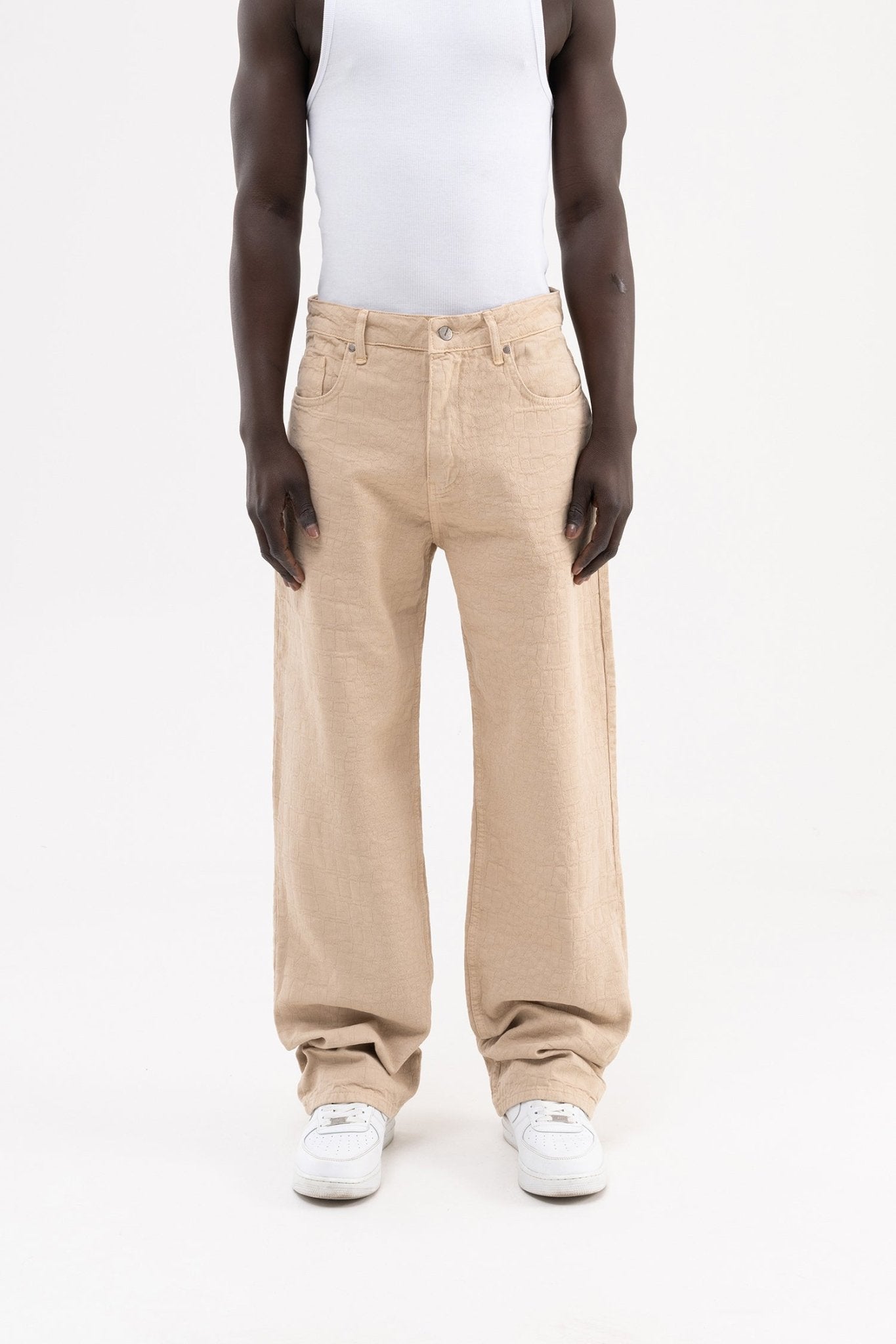 Erkek Jakarlı Baggy Jean Pantolon Bej