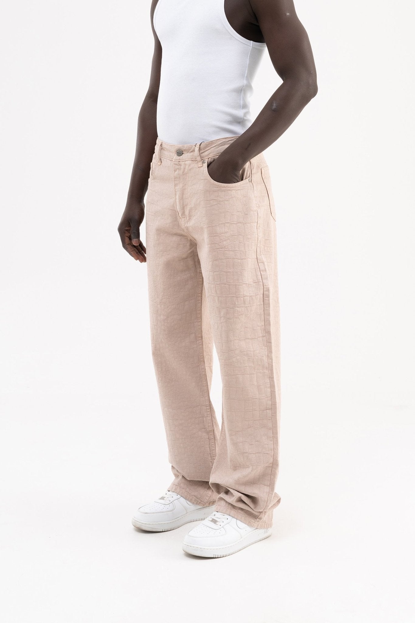 Erkek Jakarlı Baggy Jean Pantolon Vizon
