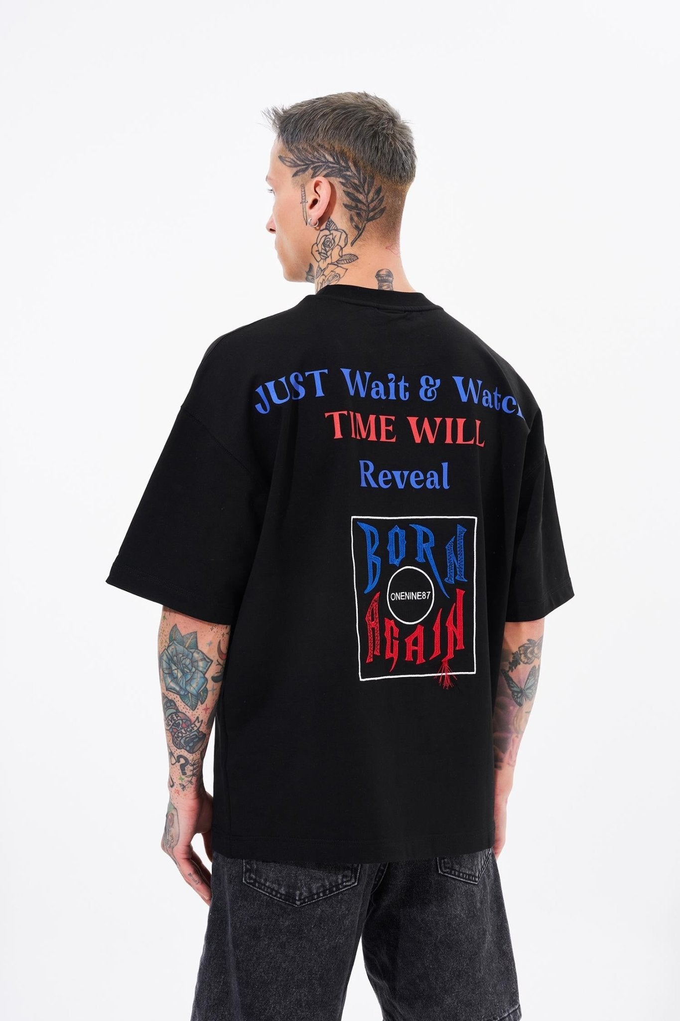 Erkek Just Wait Baskılı Oversize Tişört Siyah