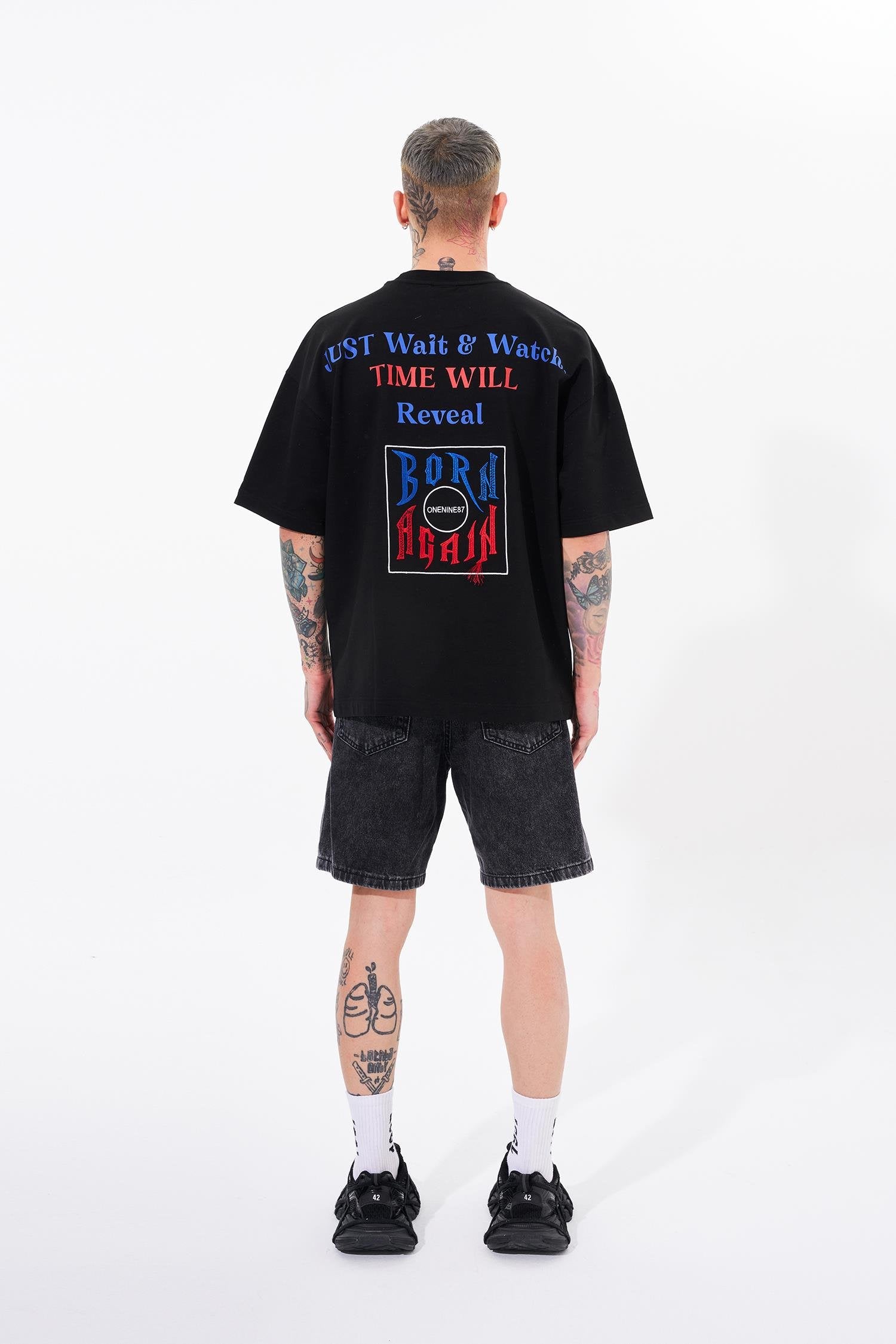 Erkek Just Wait Baskılı Oversize Tişört Siyah