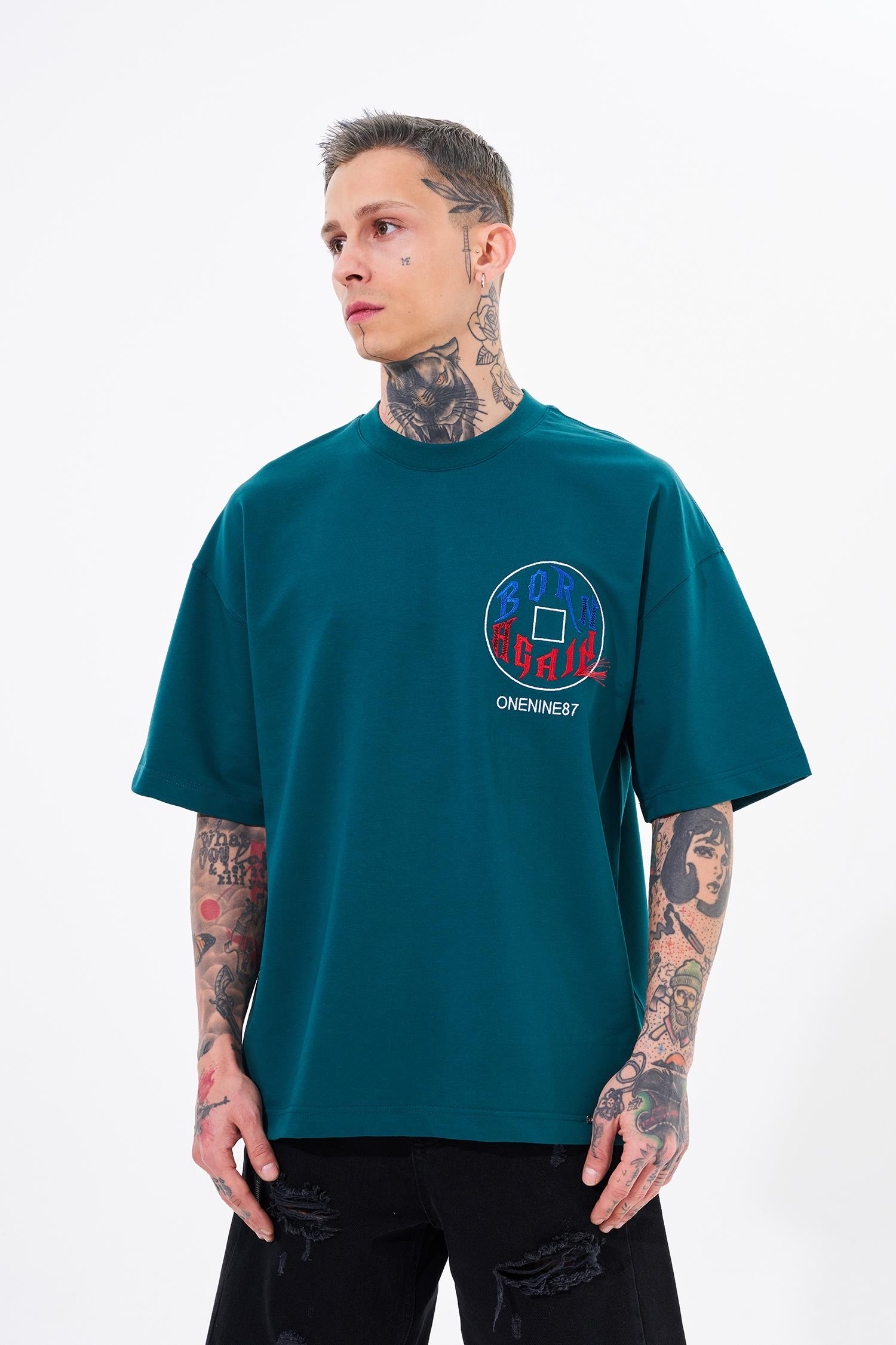 Erkek Just Wait Baskılı Oversize Tişört Yağ Yeşili