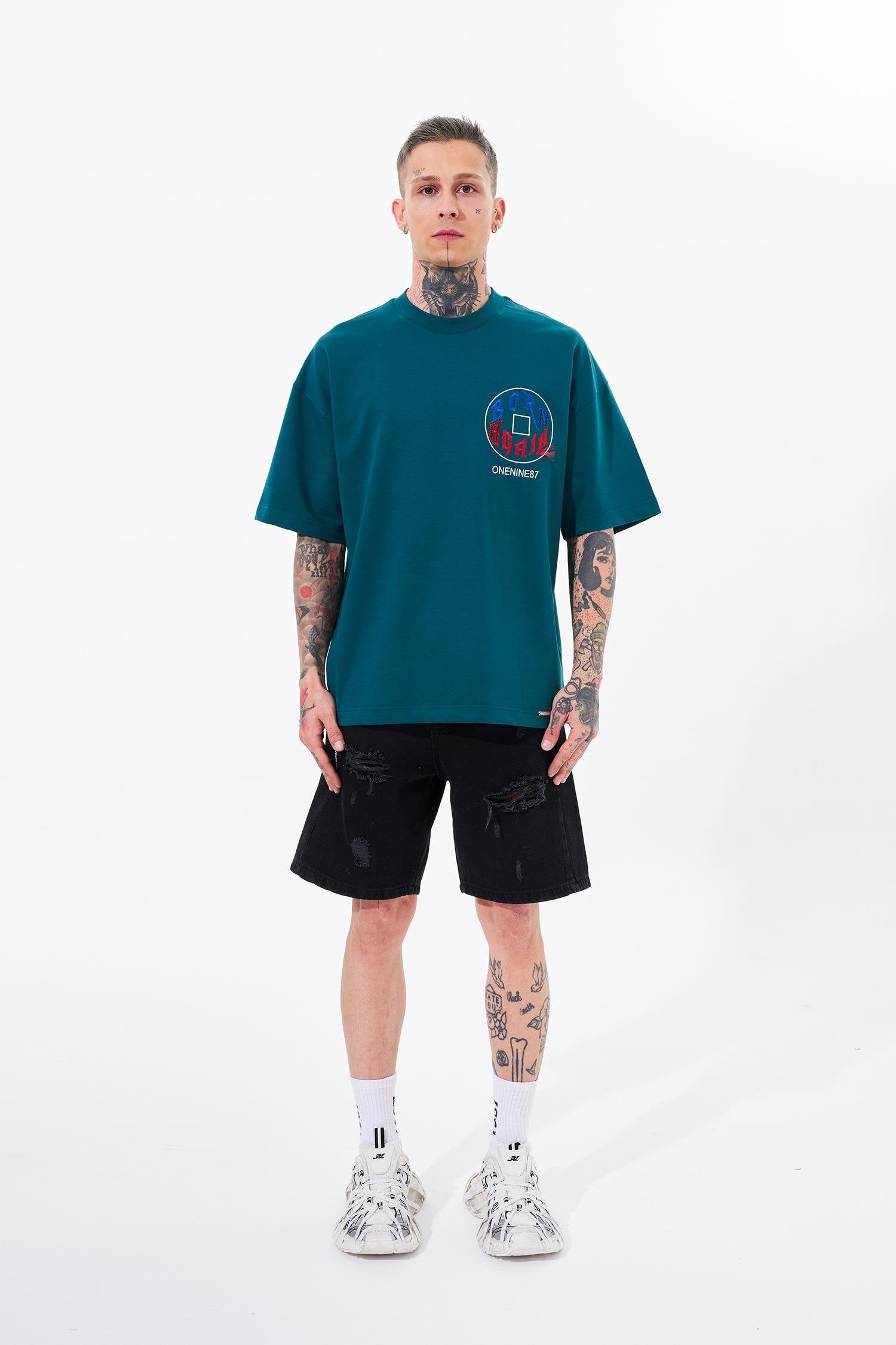 Erkek Just Wait Baskılı Oversize Tişört Yağ Yeşili