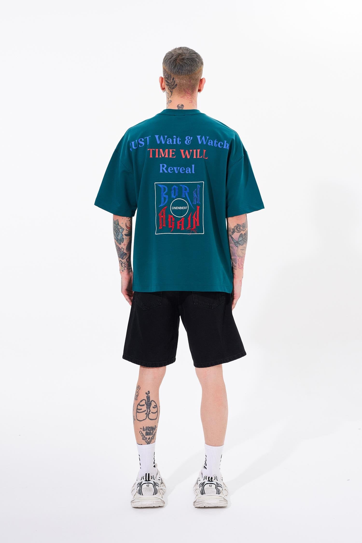 Erkek Just Wait Baskılı Oversize Tişört Yağ Yeşili