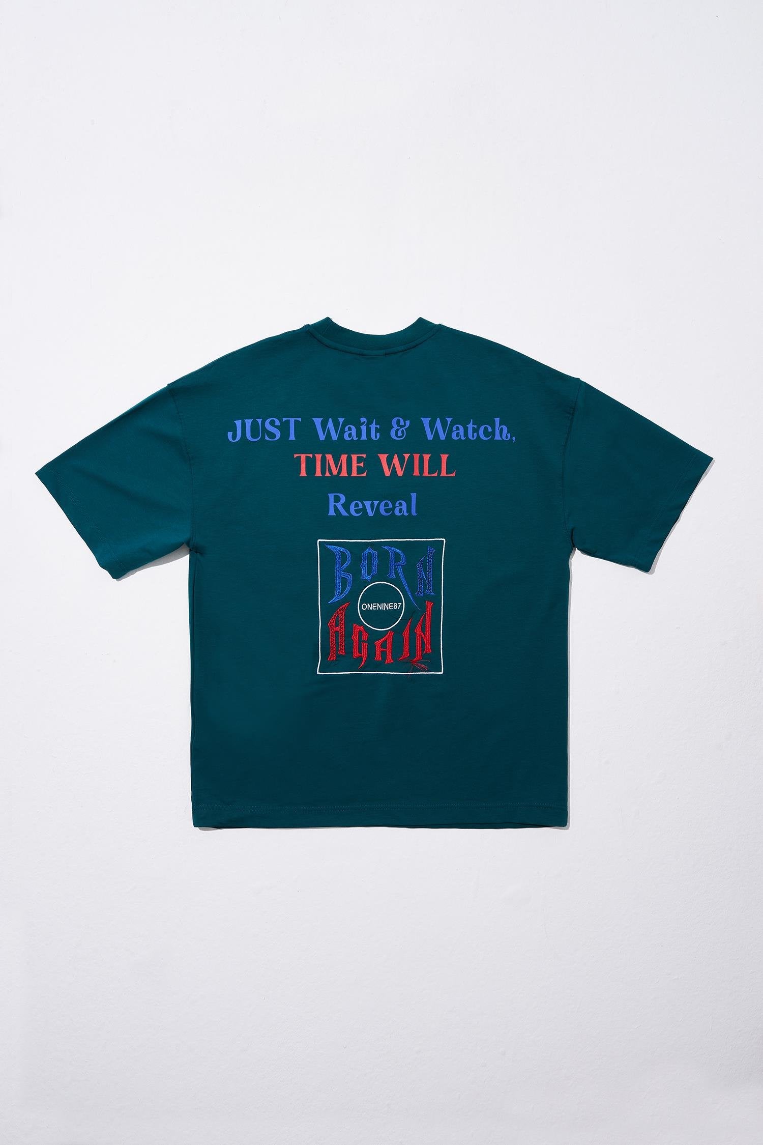 Erkek Just Wait Baskılı Oversize Tişört Yağ Yeşili