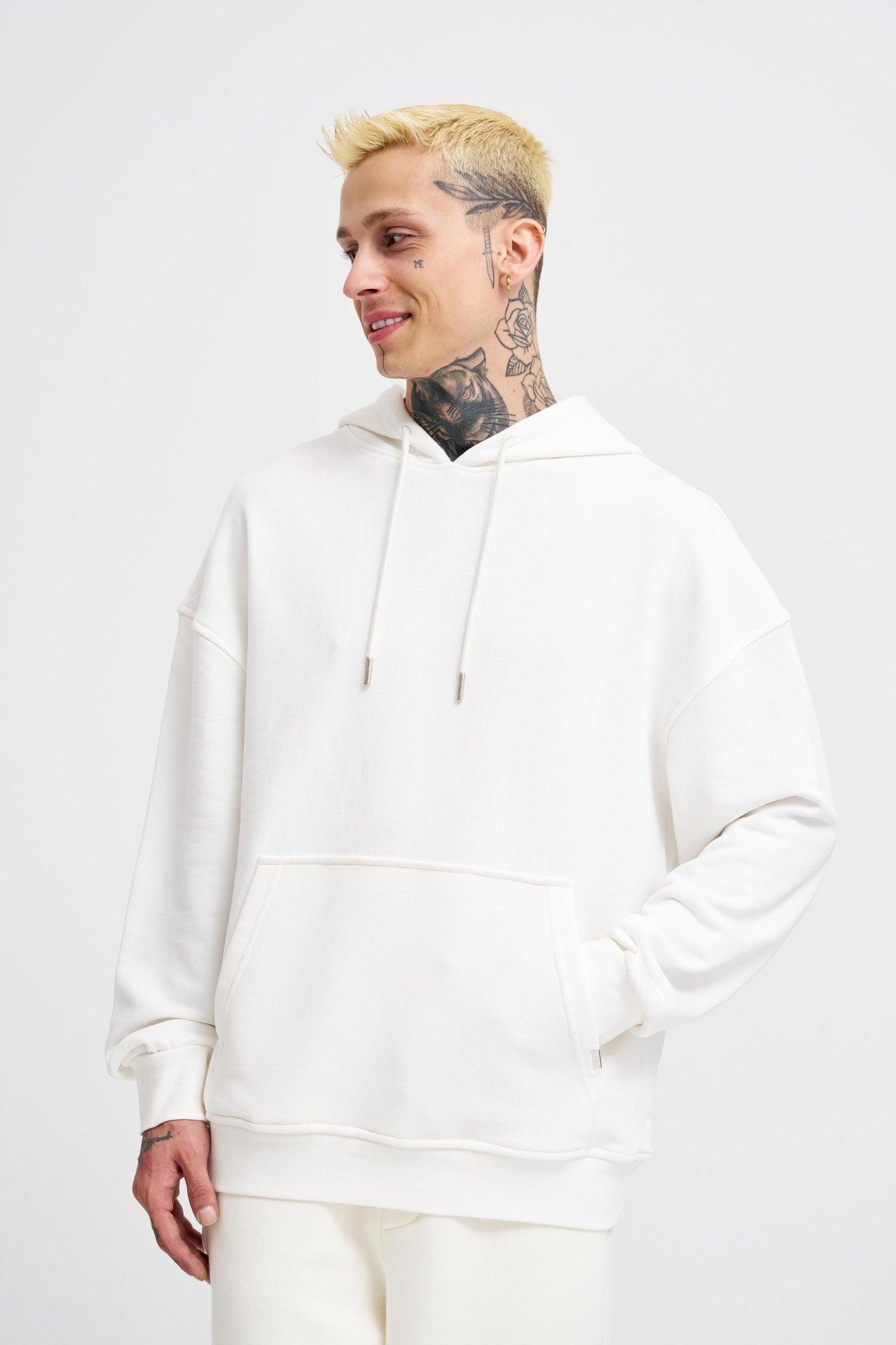 Erkek Kapüşonlu Oversize Sweatshirt Ekru