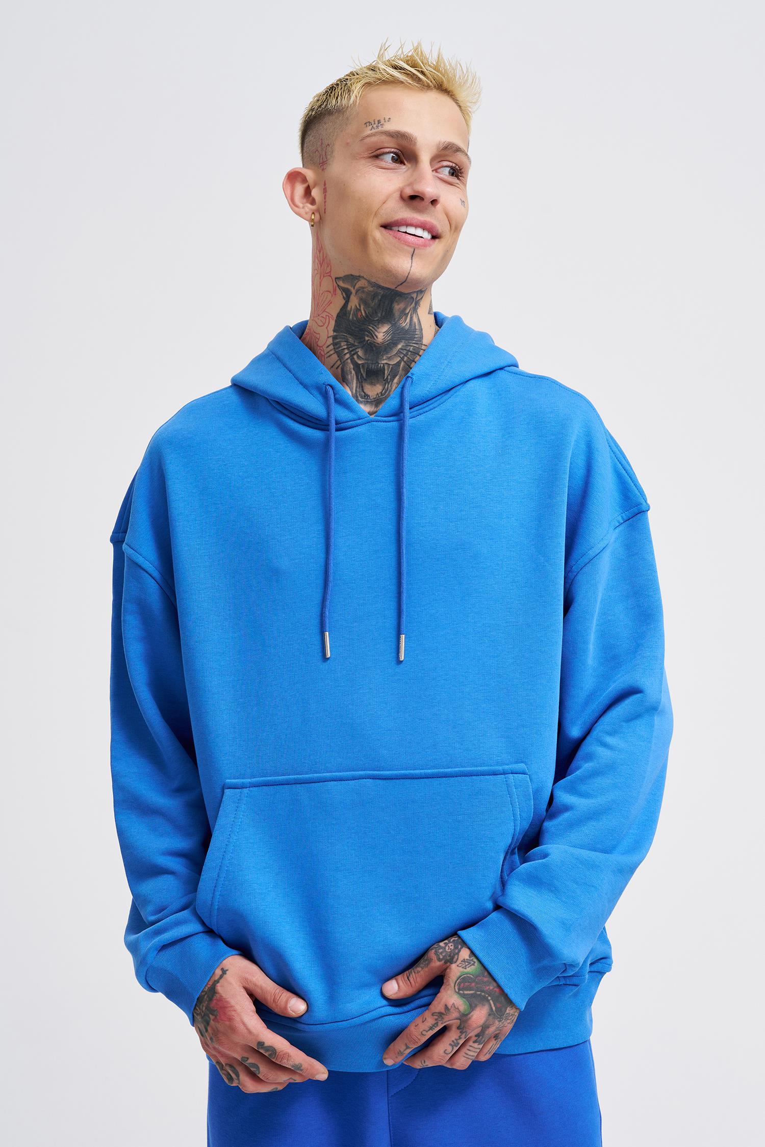 Erkek Kapüşonlu Oversize Sweatshirt Saks Mavi