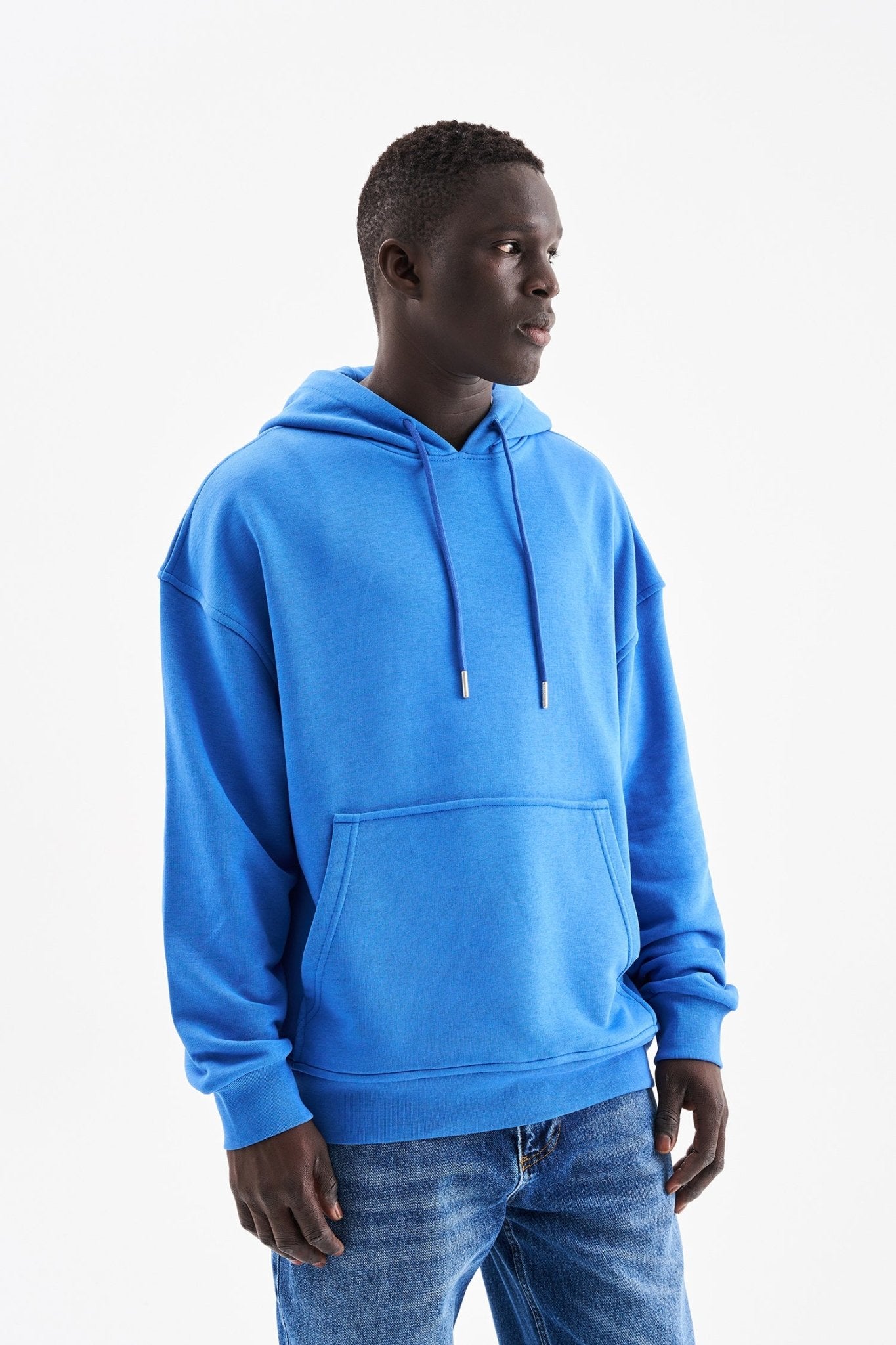 Erkek Kapüşonlu Oversize Sweatshirt Saks Mavi