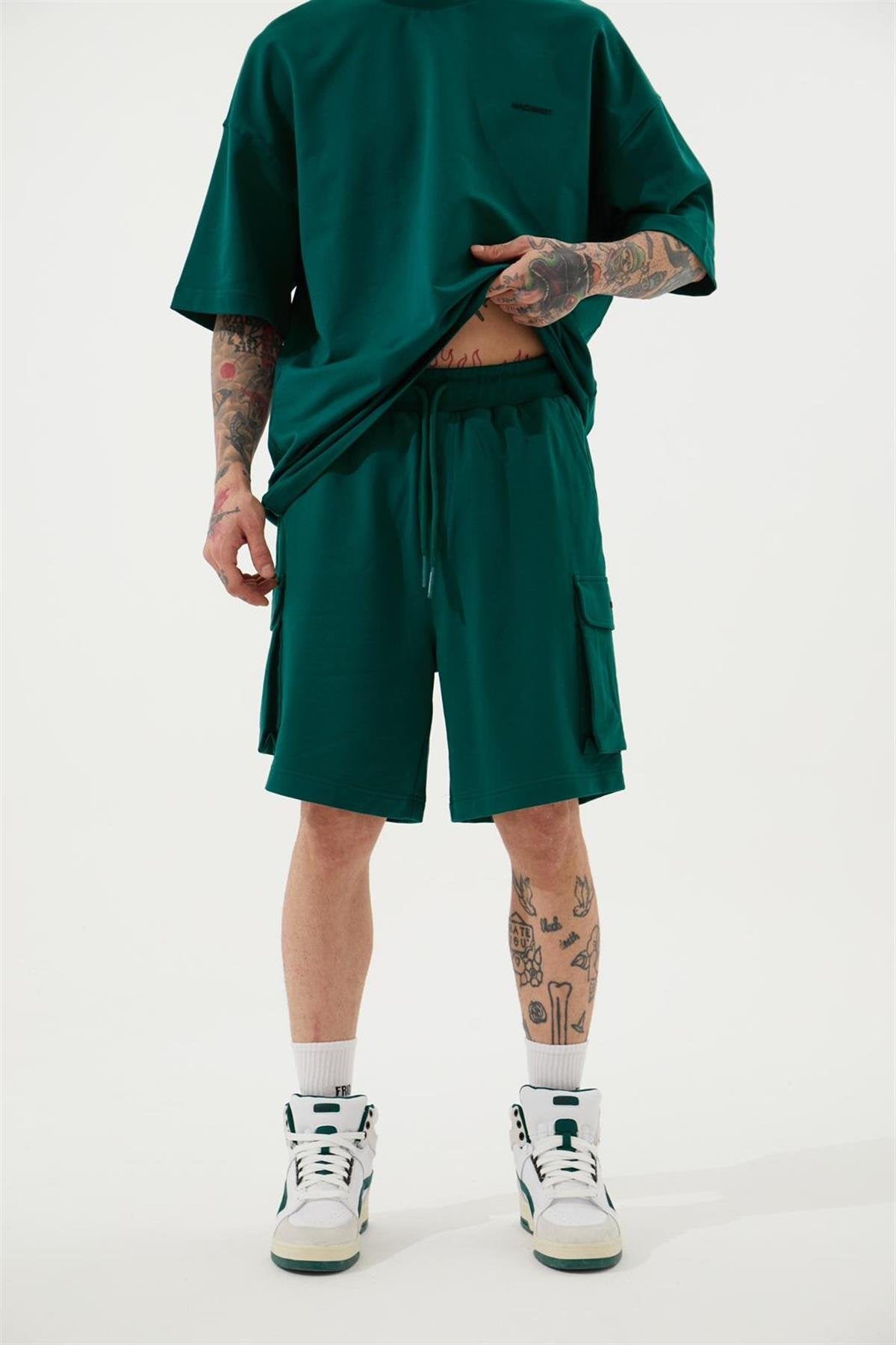 Erkek Kargo Basic Oversize Şort Yağ Yeşili