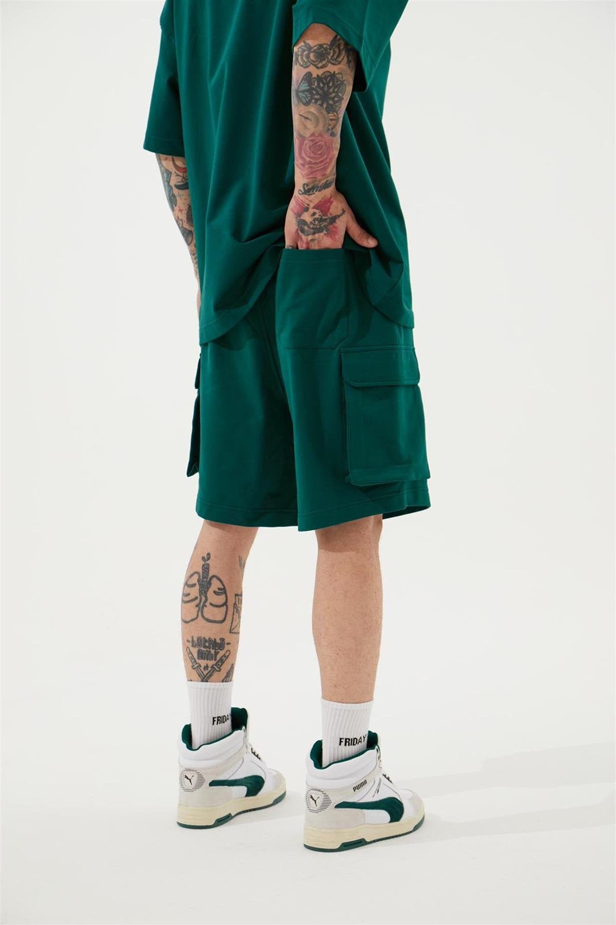 Erkek Kargo Basic Oversize Şort Yağ Yeşili
