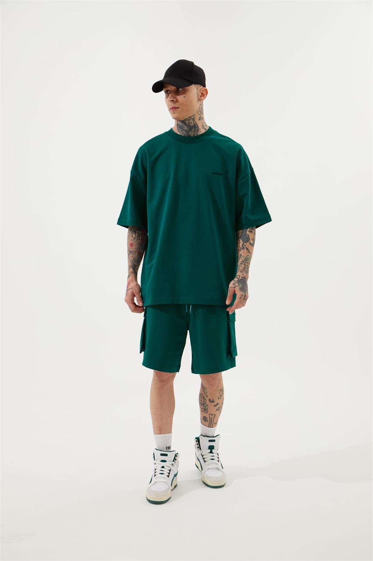 Erkek Kargo Basic Oversize Şort Yağ Yeşili