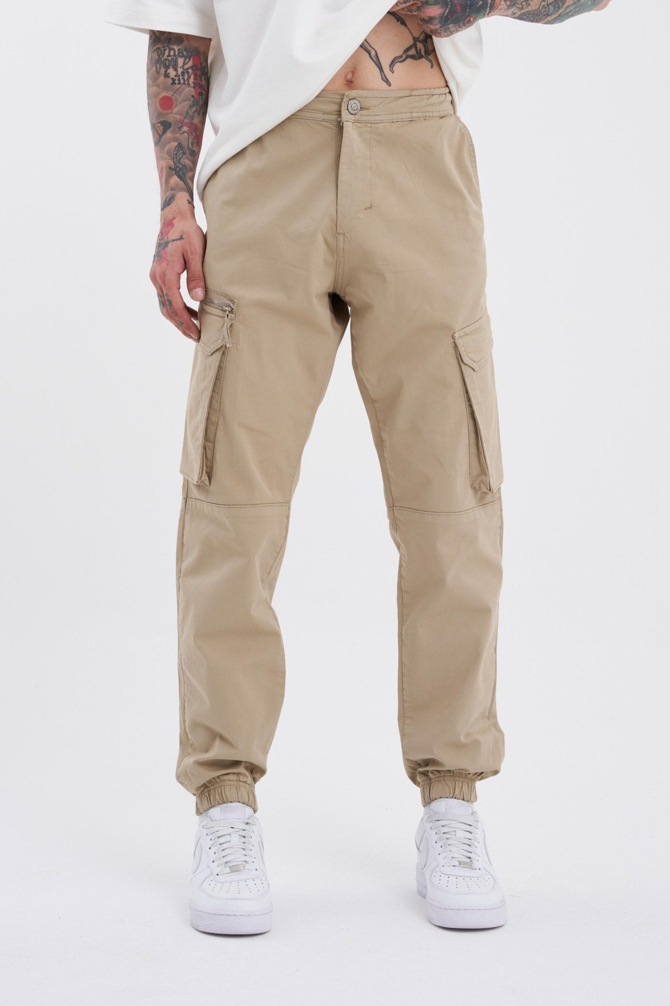 Erkek Kargo Cepli Jogger Jean Bej