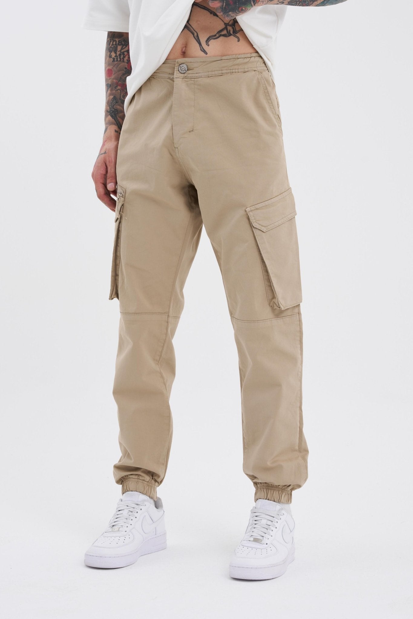 Erkek Kargo Cepli Jogger Jean Bej