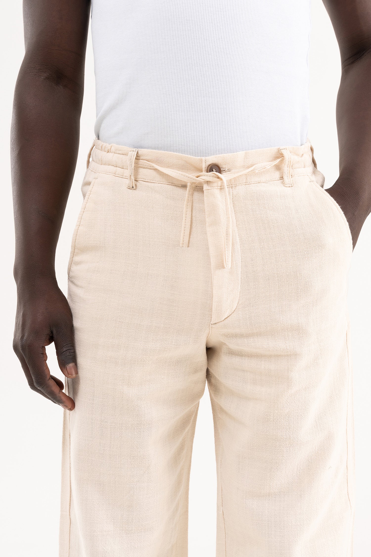 Erkek Keten Bağcıklı Pantolon Ekru-4