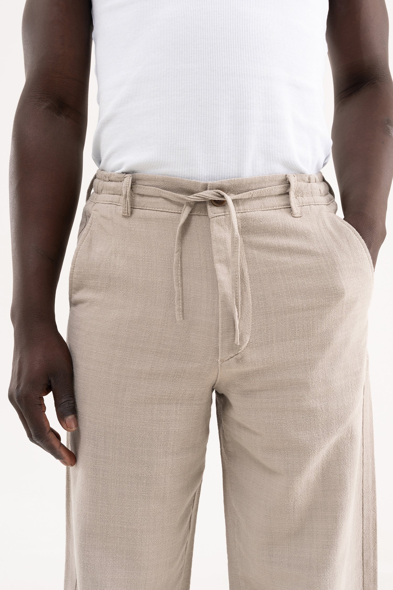 Erkek Keten Bağcıklı Pantolon Taş-4