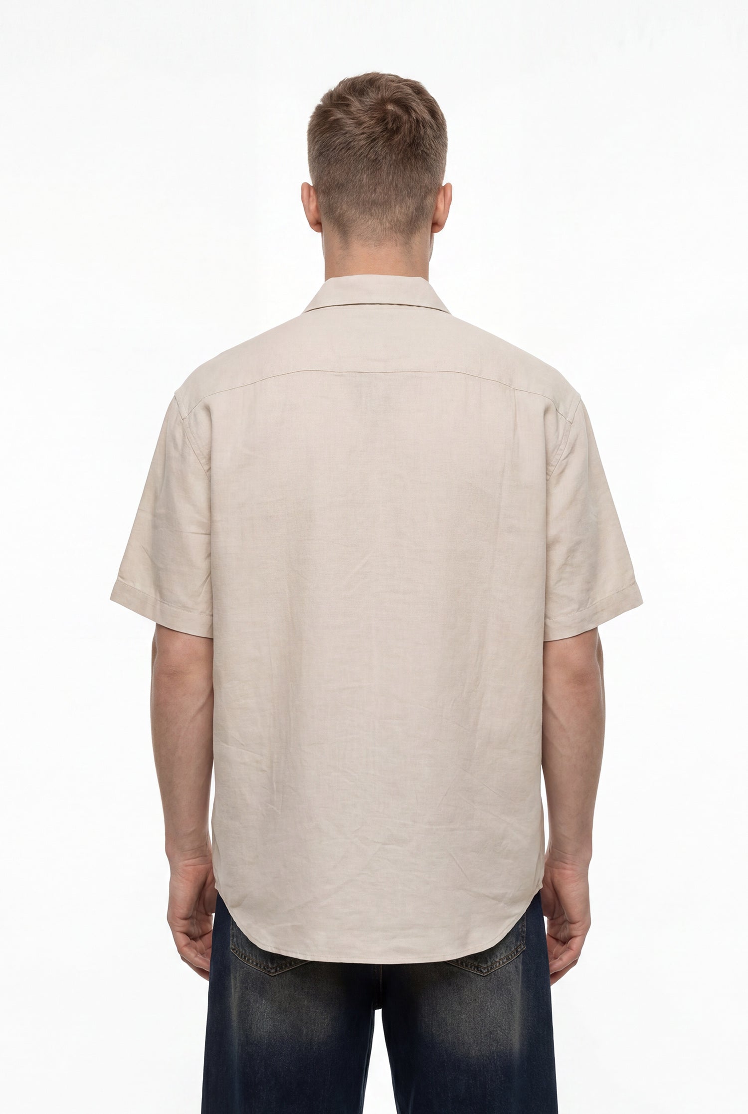 Erkek Kısa Kol Oversize Keten Gömlek Bej-5