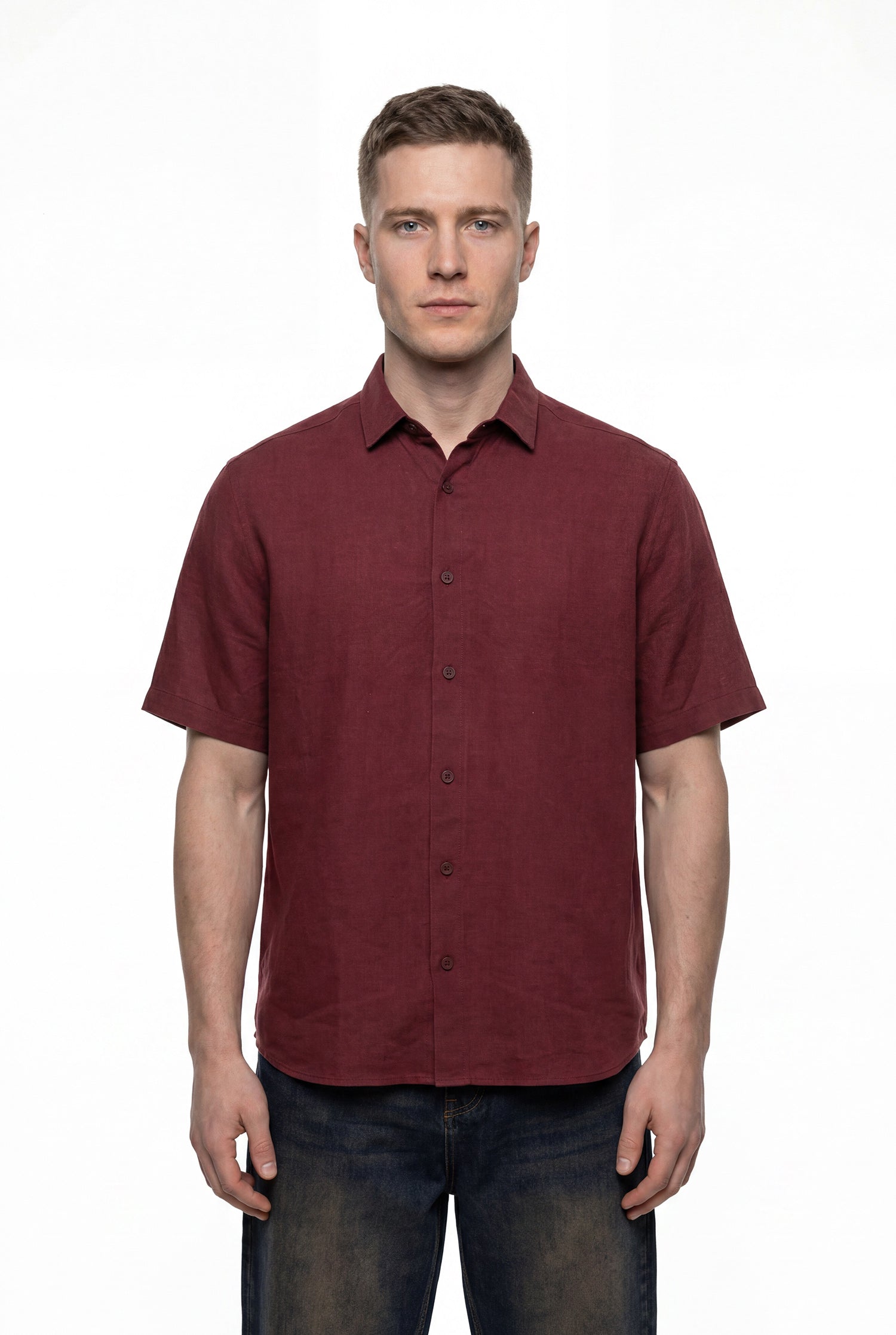 Erkek Kısa Kol Oversize Keten Gömlek Bordo-3