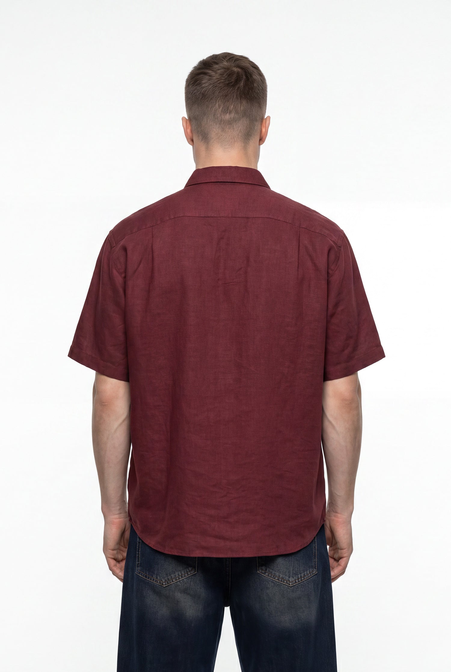 Erkek Kısa Kol Oversize Keten Gömlek Bordo-5