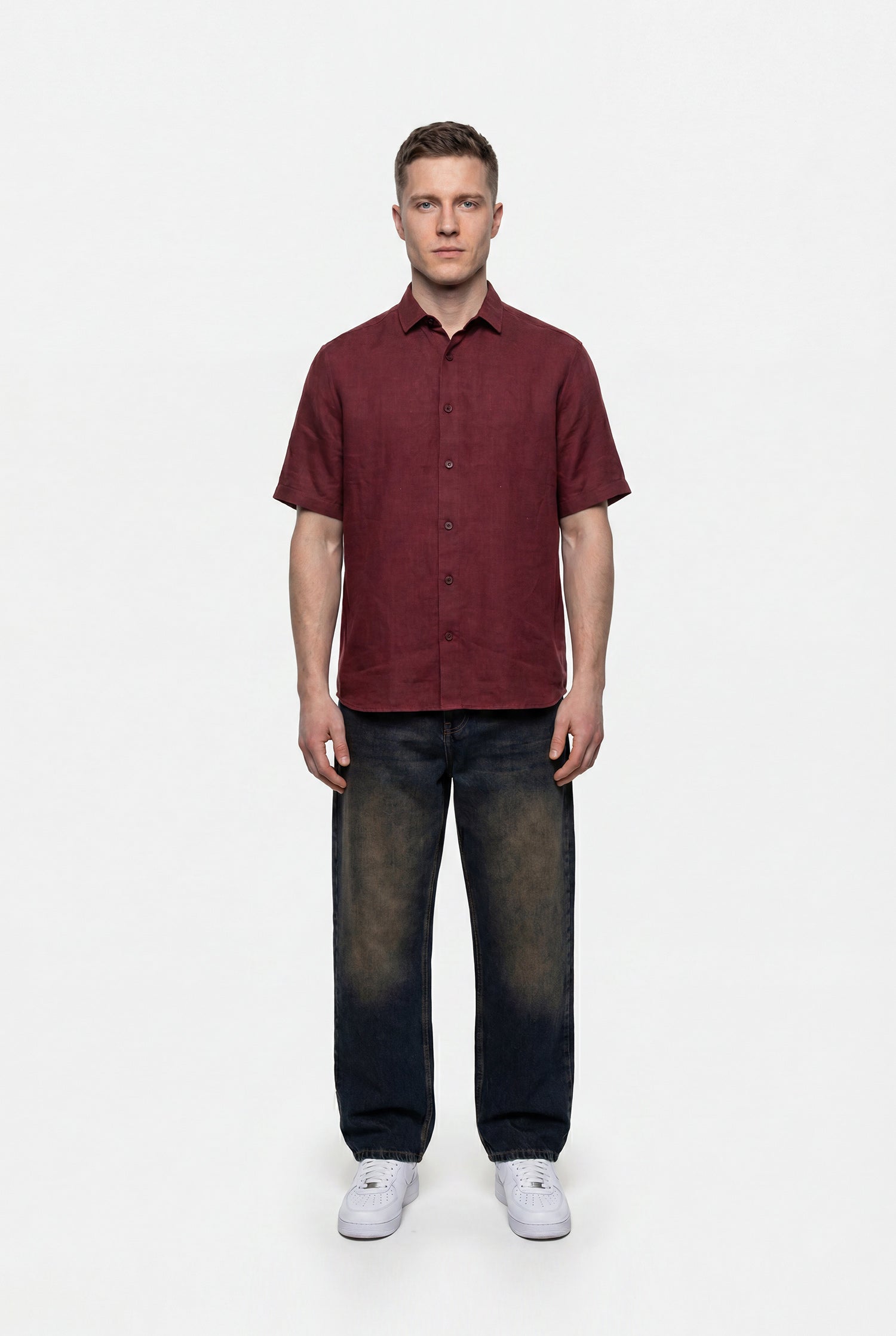 Erkek Kısa Kol Oversize Keten Gömlek Bordo-6