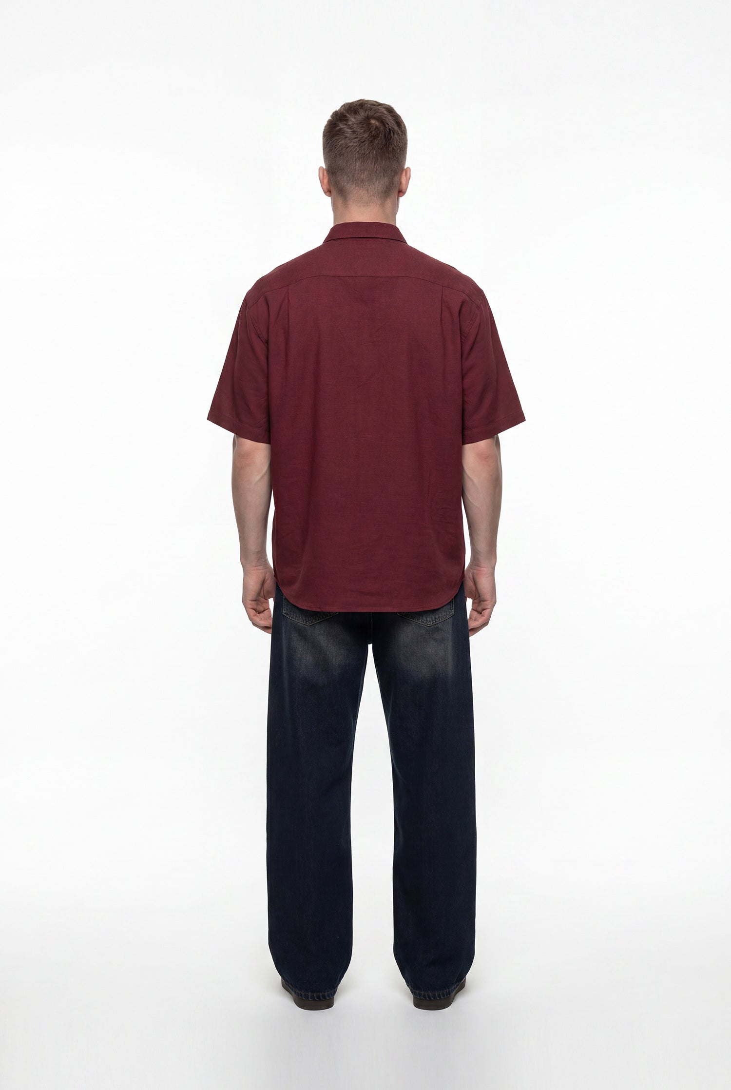 Erkek Kısa Kol Oversize Keten Gömlek Bordo-7