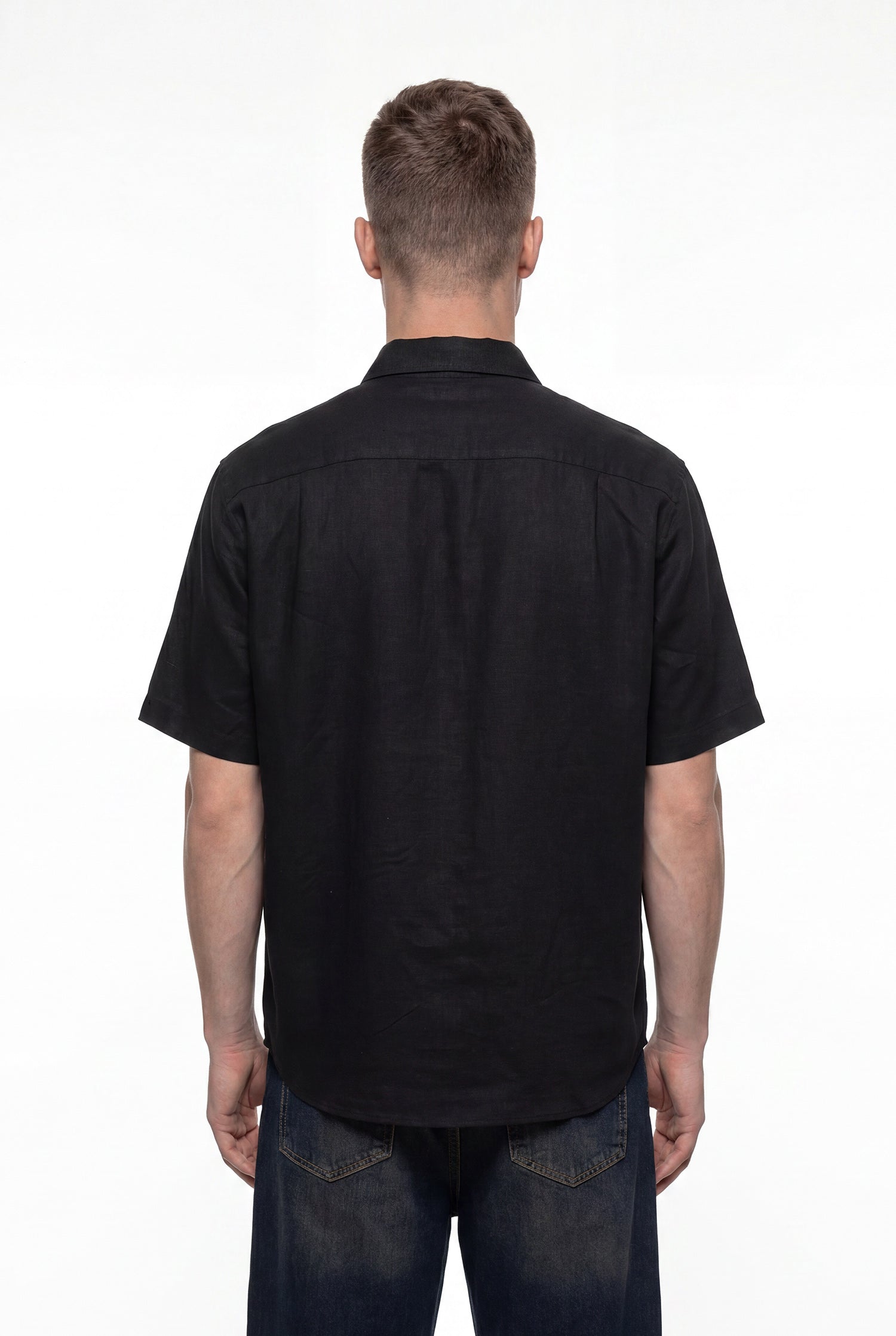 Erkek Kısa Kol Oversize Keten Gömlek Siyah-5
