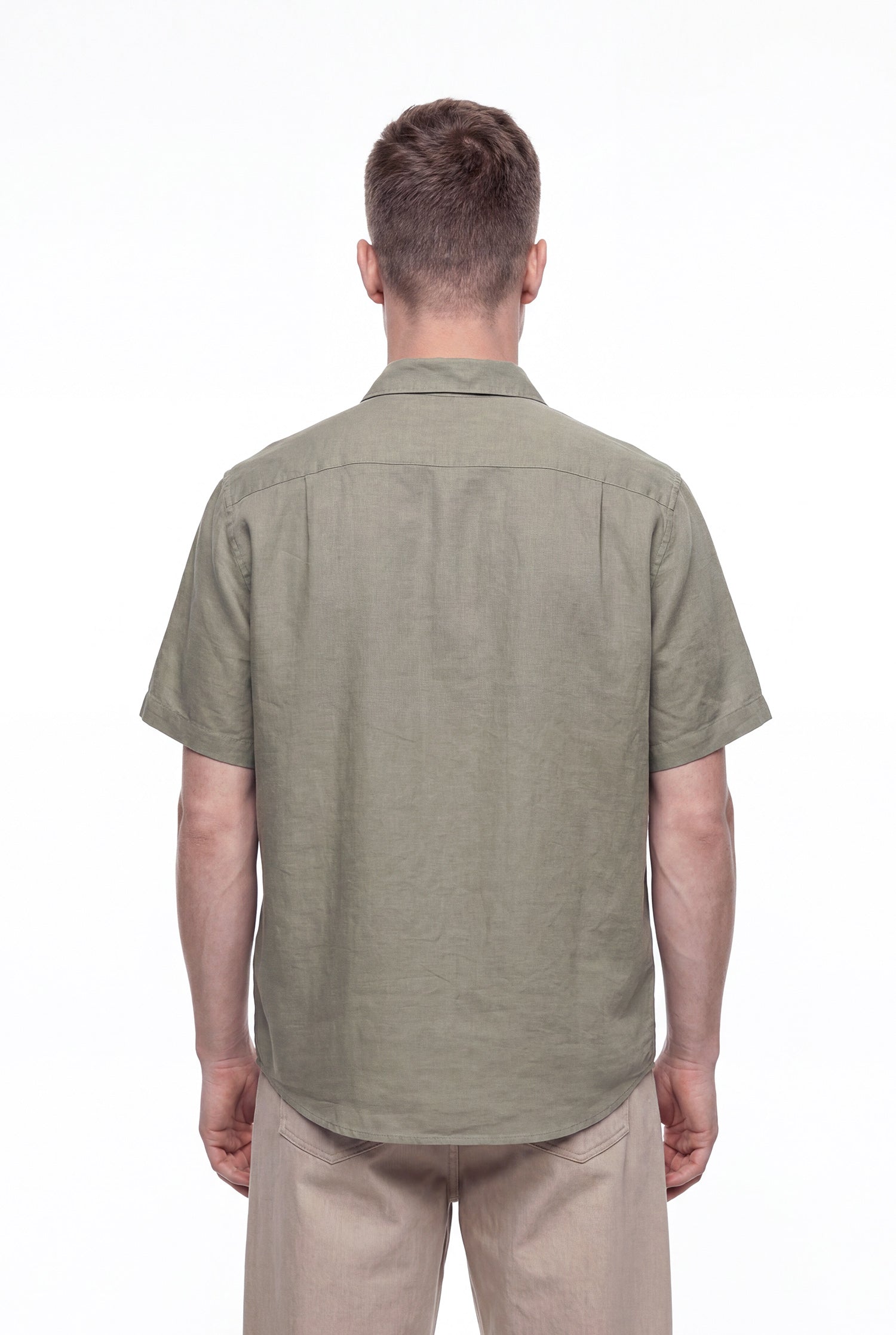 Erkek Kısa Kol Oversize Keten Gömlek Yeşil-5