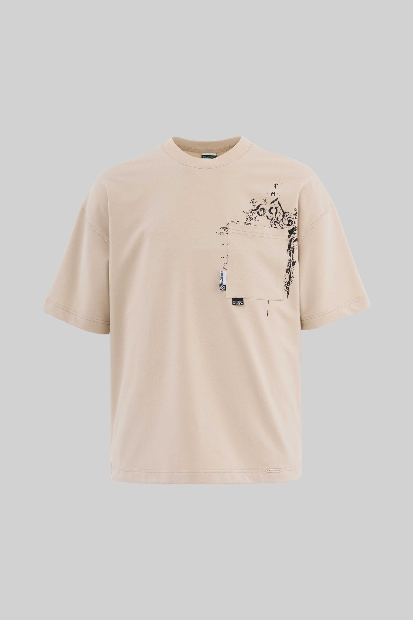 Erkek Label and Print Pocket Oversize Tişört Açık Bej