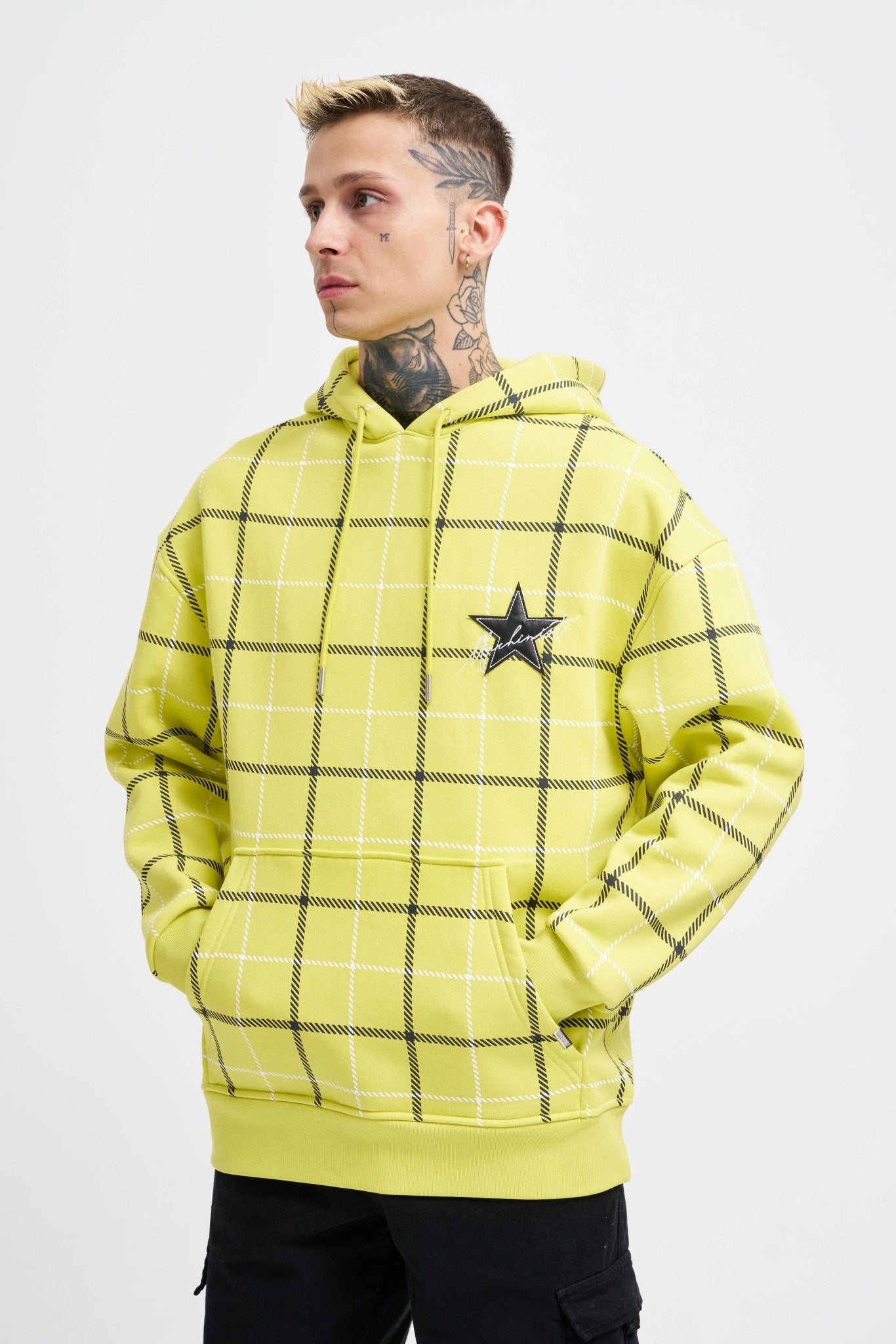 Erkek Leather Applique Kapüşonlu Sweatshirt Neon Sarı