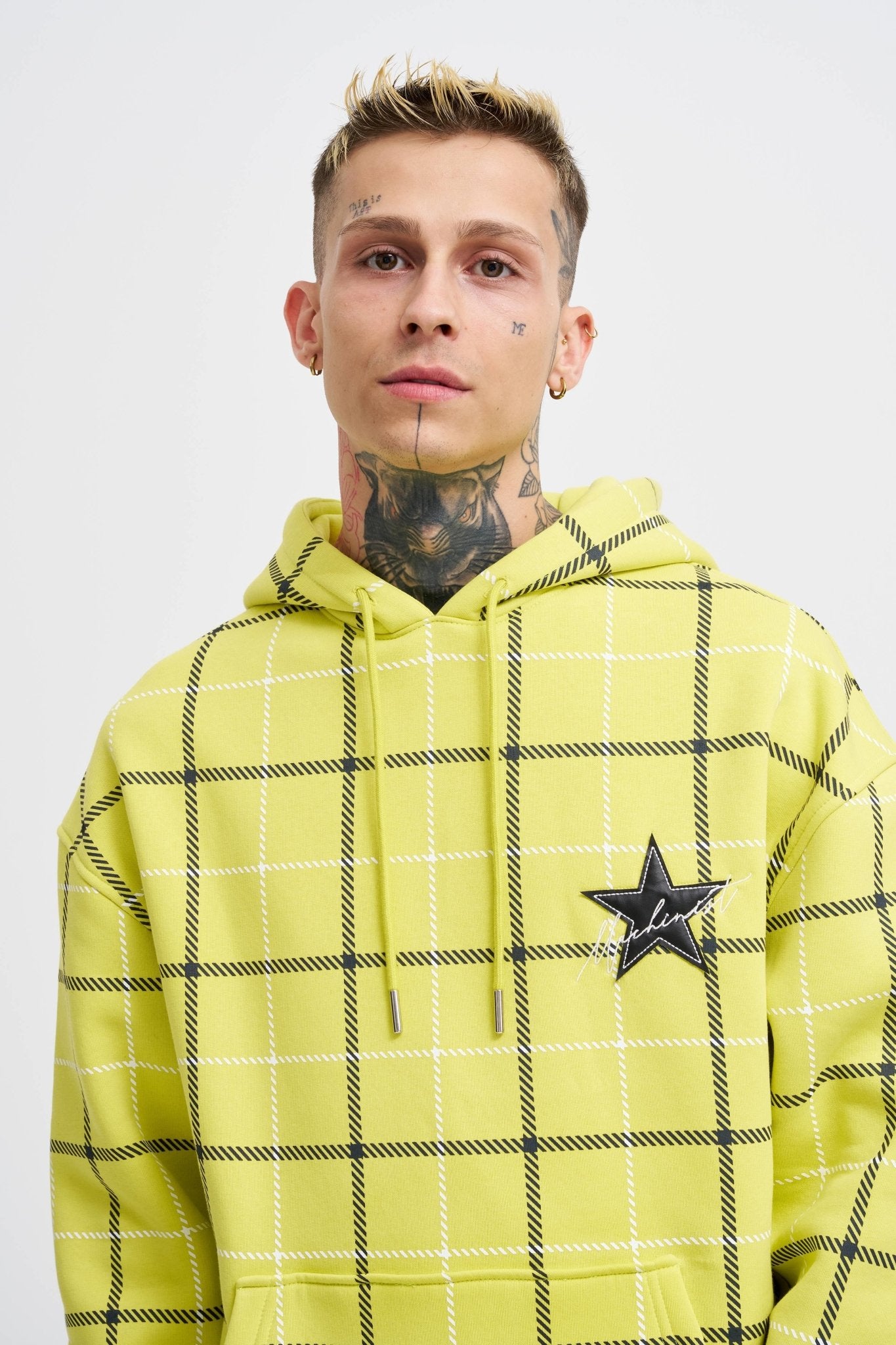 Erkek Leather Applique Kapüşonlu Sweatshirt Neon Sarı