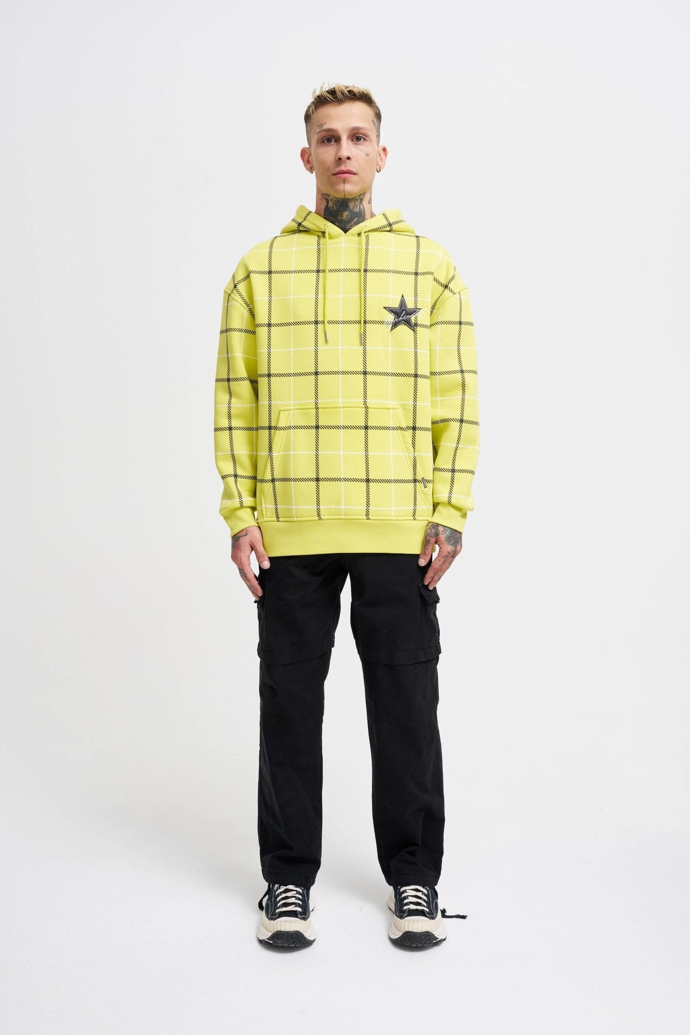 Erkek Leather Applique Kapüşonlu Sweatshirt Neon Sarı