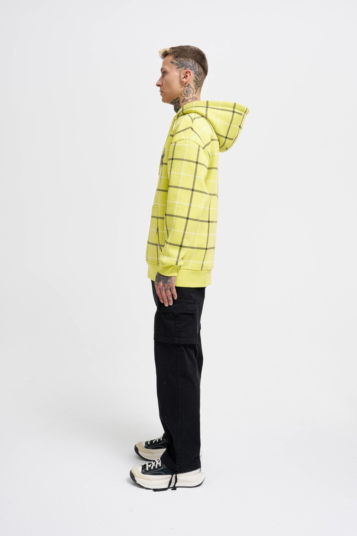 Erkek Leather Applique Kapüşonlu Sweatshirt Neon Sarı