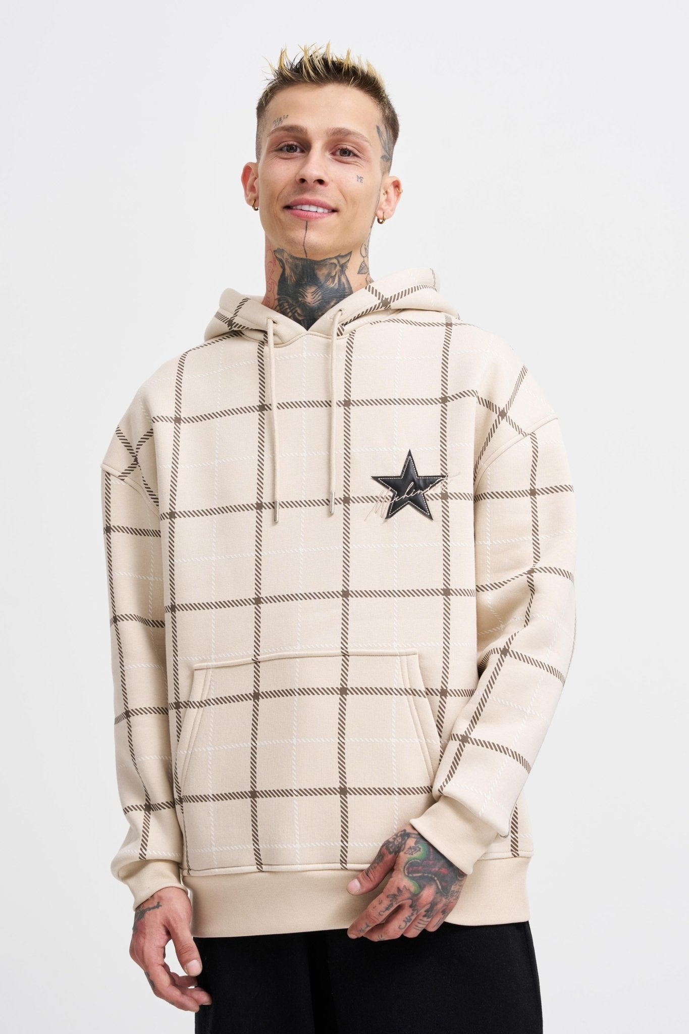 Erkek Leather Applique Kapüşonlu Sweatshirt Açık Bej