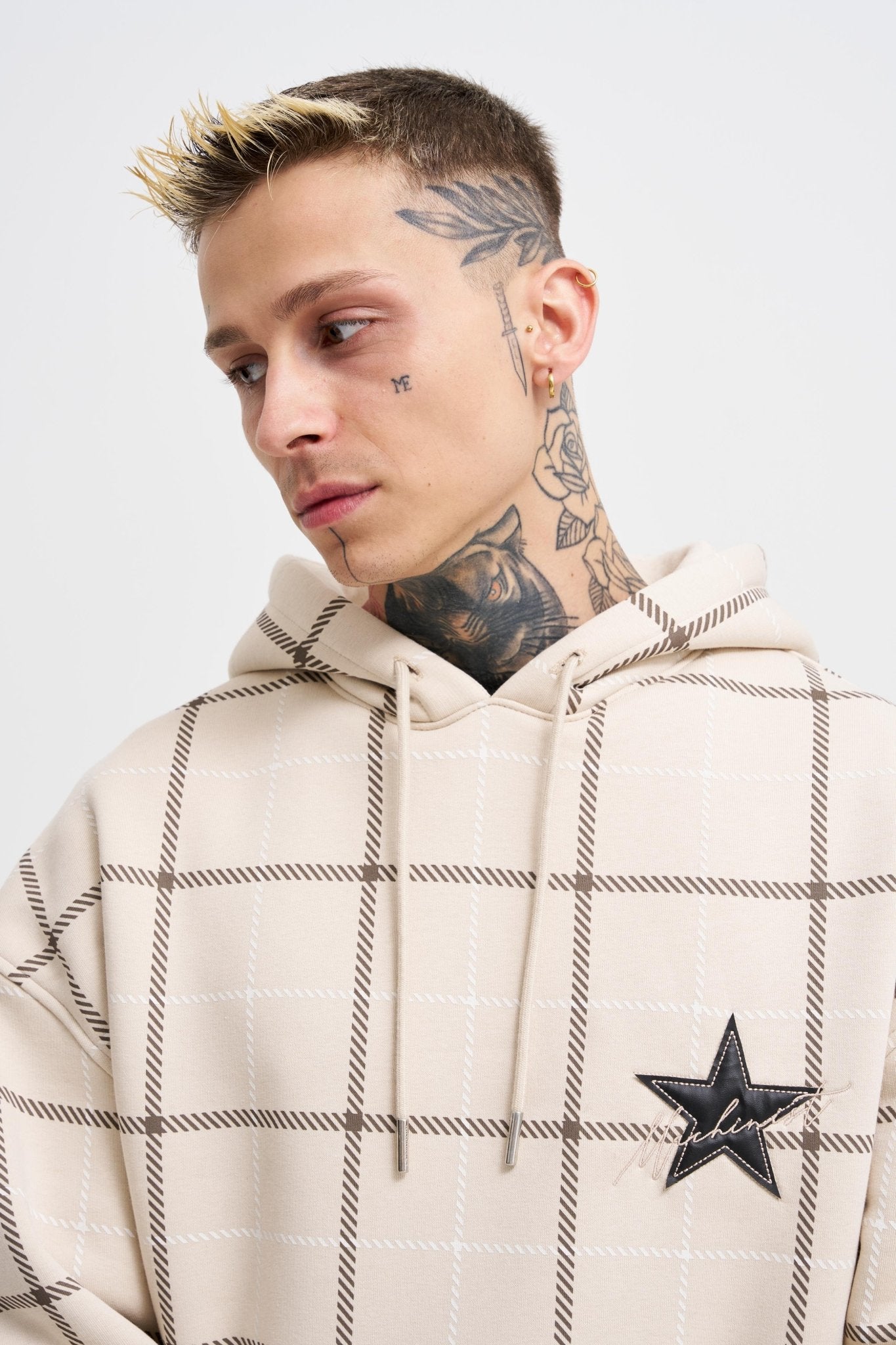 Erkek Leather Applique Kapüşonlu Sweatshirt Açık Bej