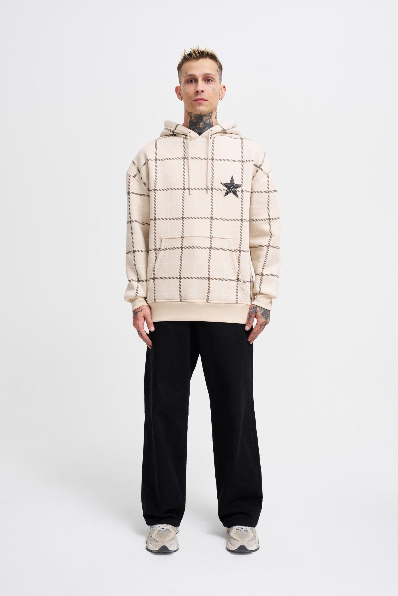 Erkek Leather Applique Kapüşonlu Sweatshirt Açık Bej