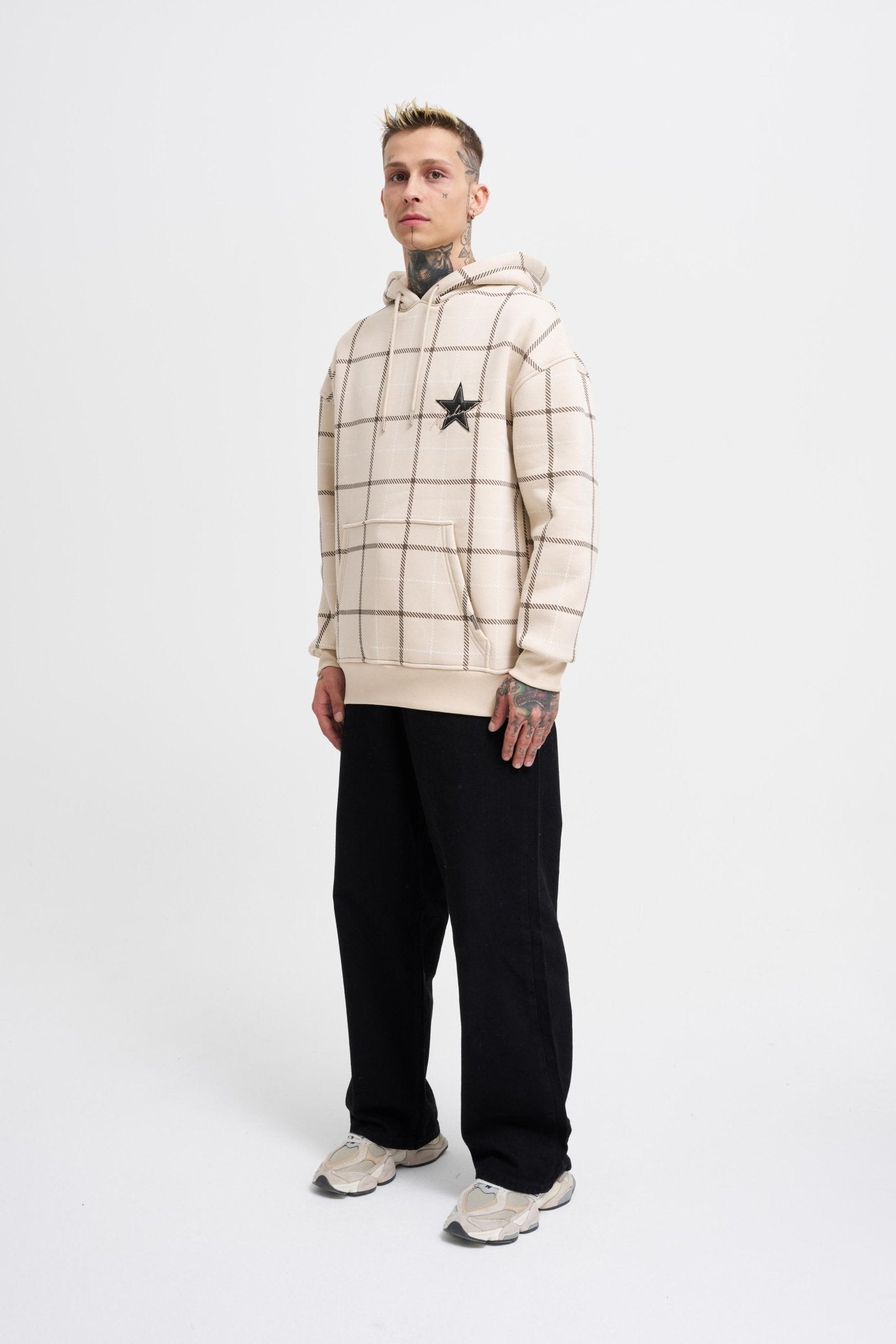 Erkek Leather Applique Kapüşonlu Sweatshirt Açık Bej