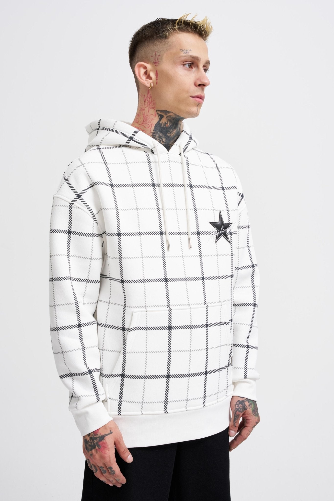 Erkek Leather Applique Kapüşonlu Sweatshirt Ekru