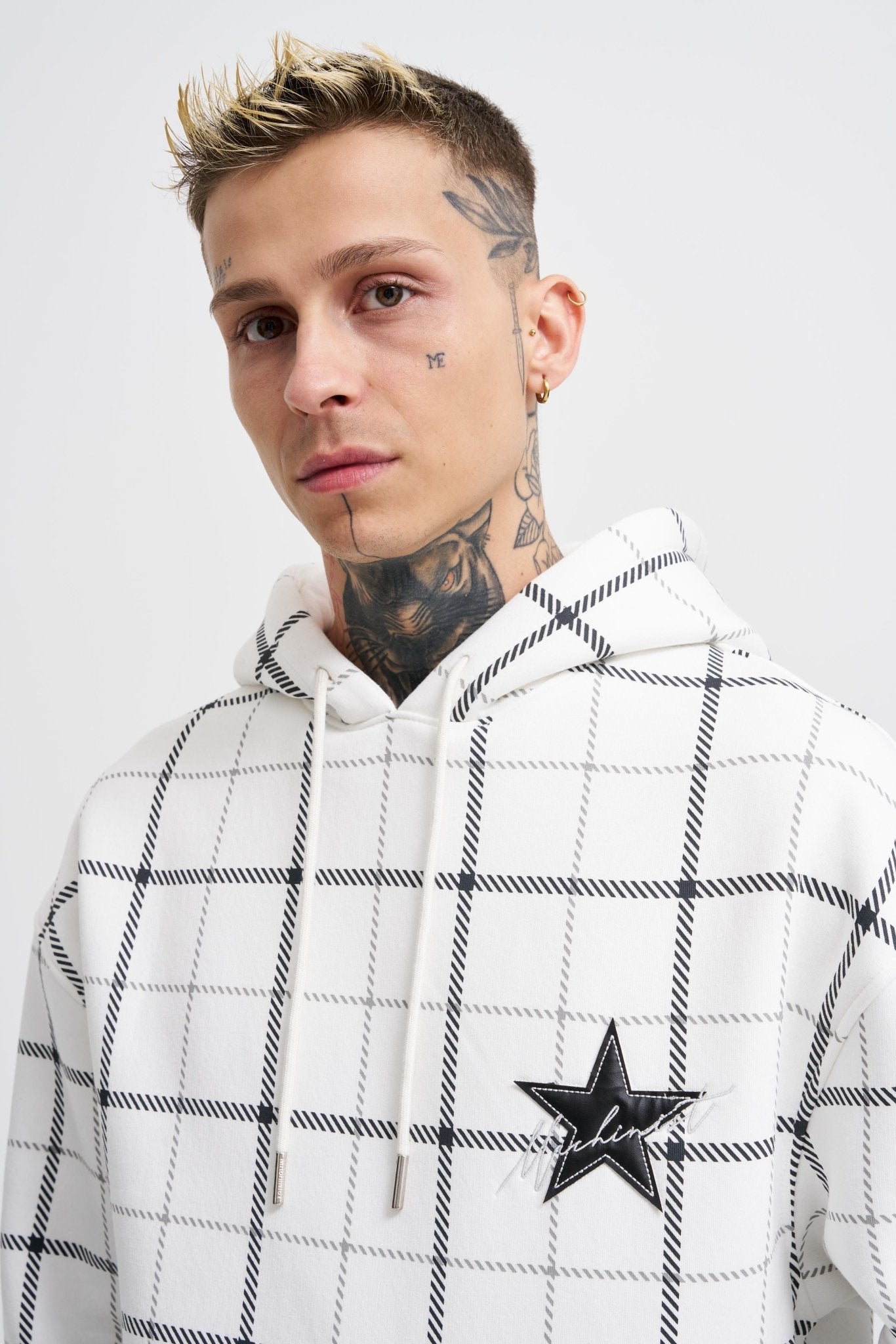 Erkek Leather Applique Kapüşonlu Sweatshirt Ekru
