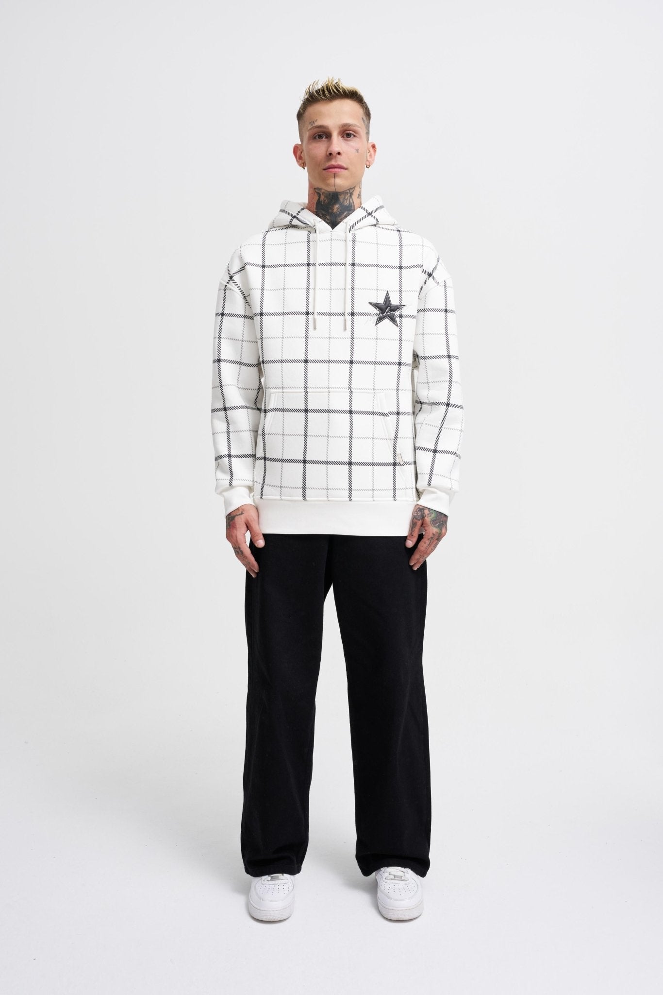 Erkek Leather Applique Kapüşonlu Sweatshirt Ekru