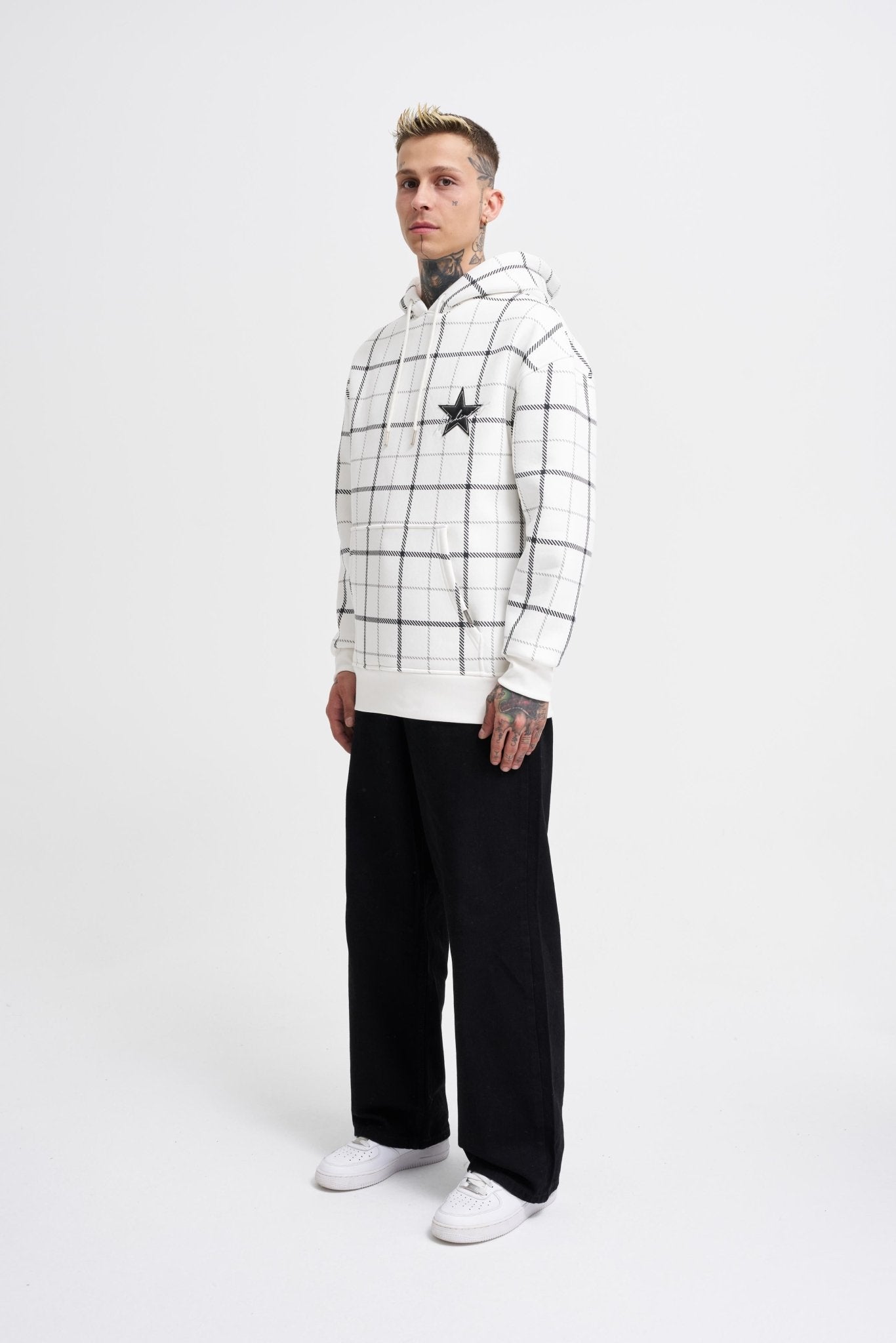 Erkek Leather Applique Kapüşonlu Sweatshirt Ekru
