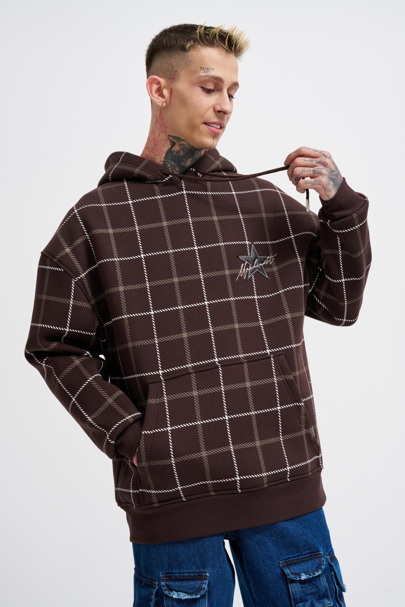 Erkek Leather Applique Kapüşonlu Sweatshirt Koyu Kahverengi