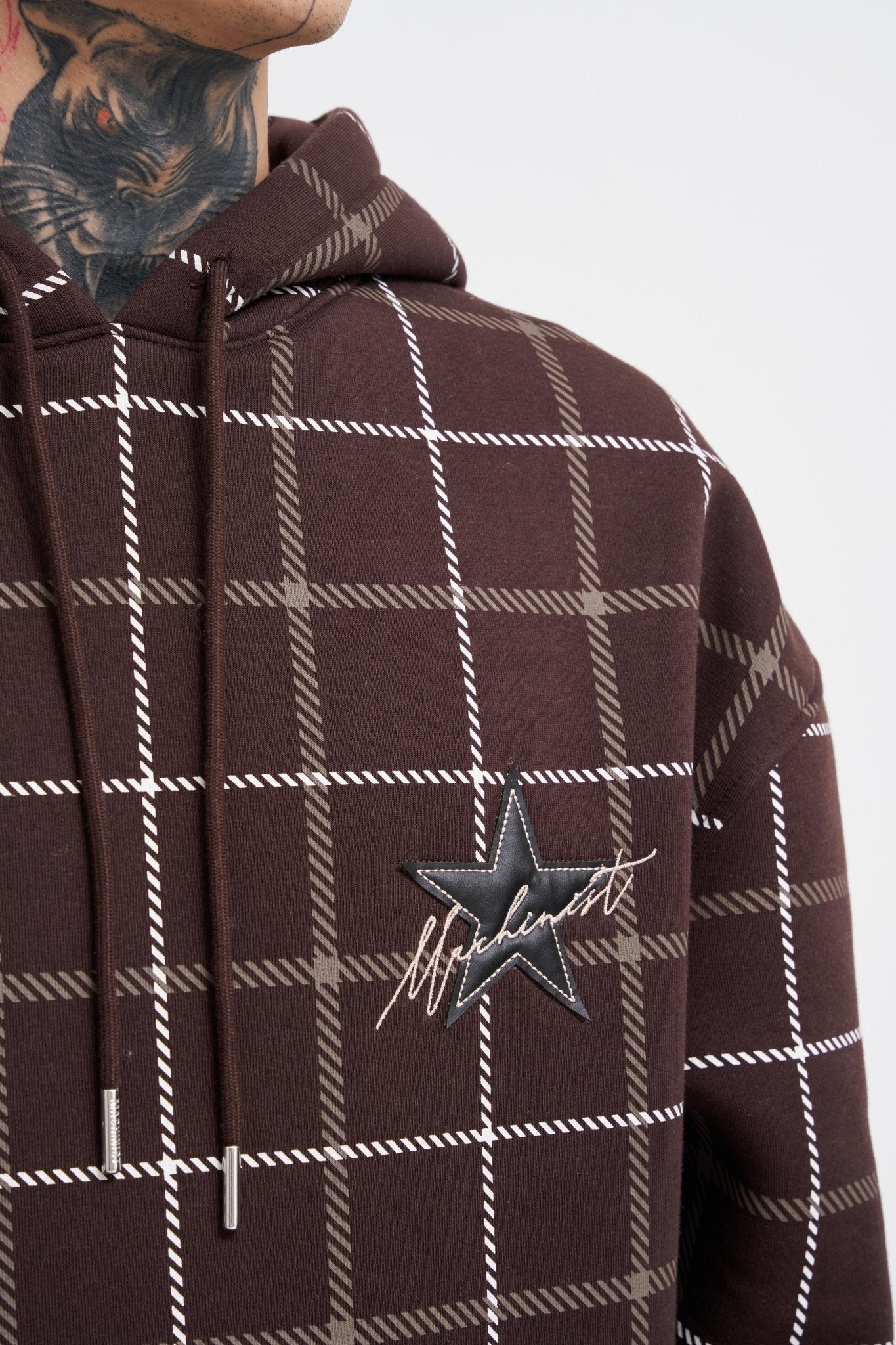 Erkek Leather Applique Kapüşonlu Sweatshirt Koyu Kahverengi
