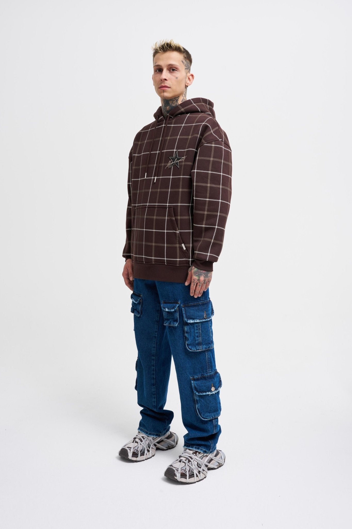 Erkek Leather Applique Kapüşonlu Sweatshirt Koyu Kahverengi