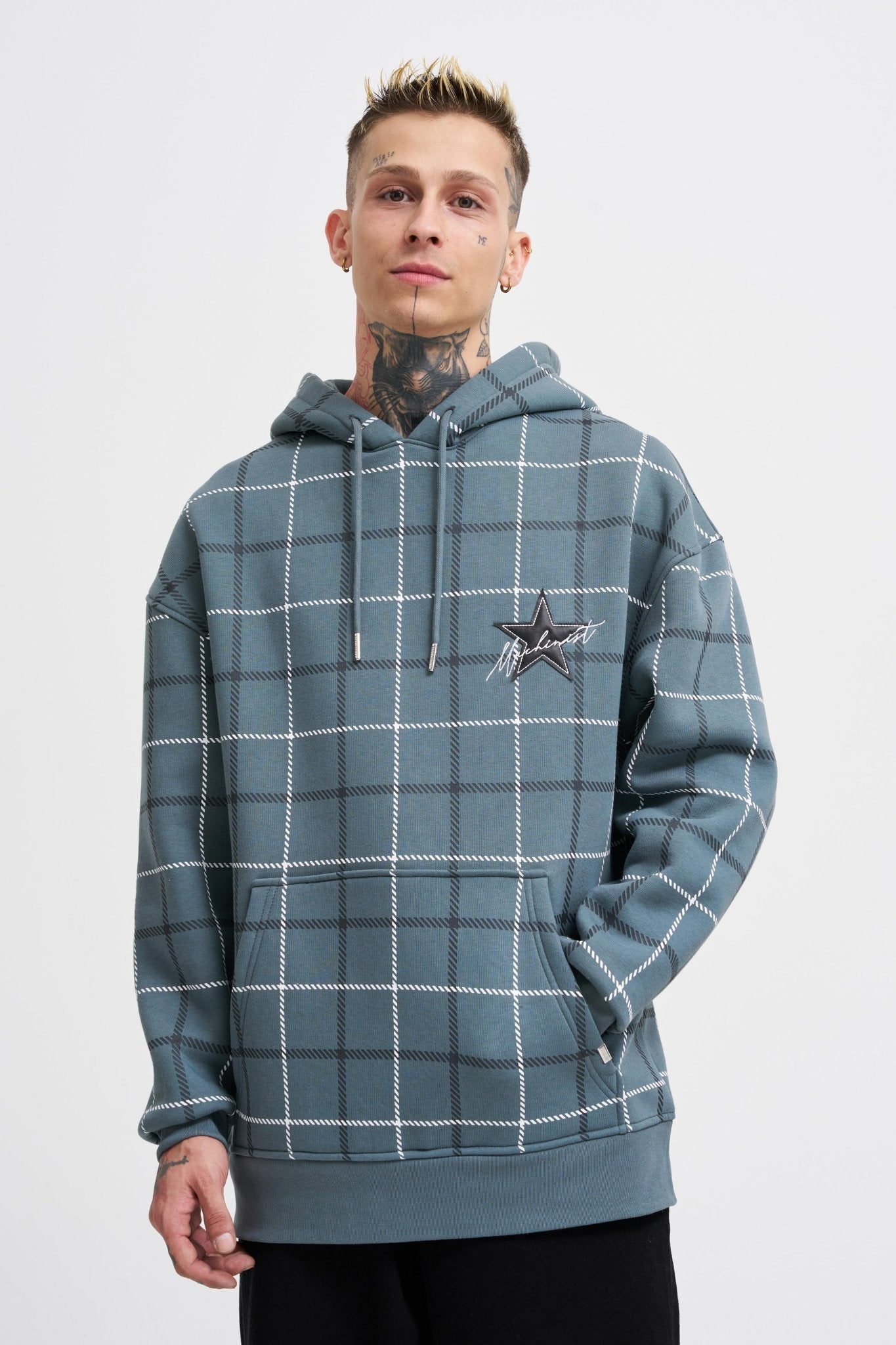 Erkek Leather Applique Kapüşonlu Sweatshirt Mavi Duman