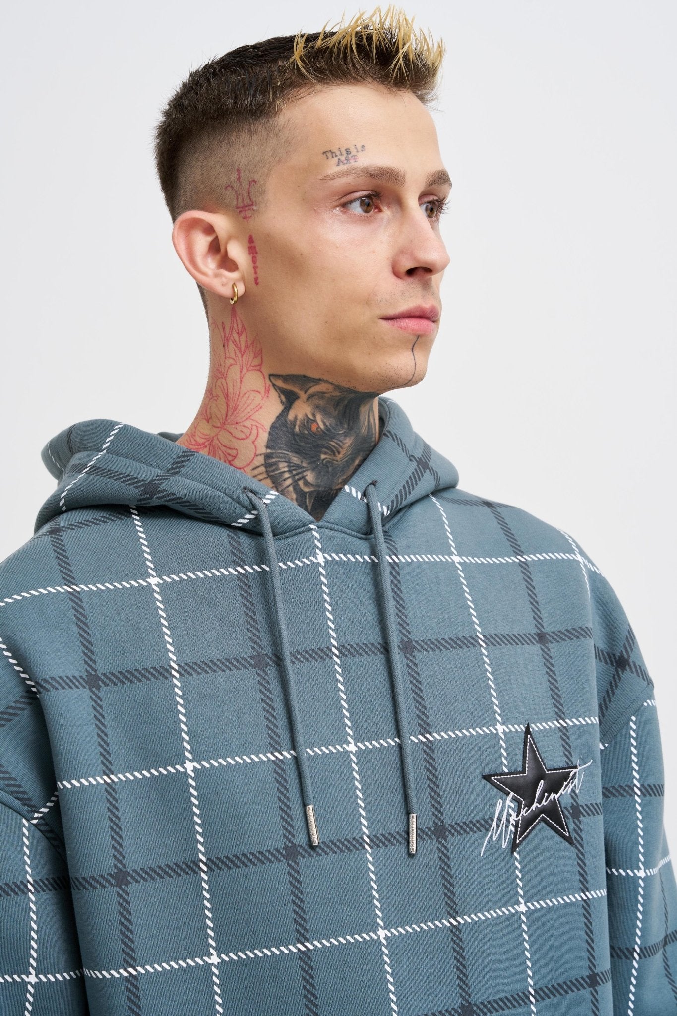 Erkek Leather Applique Kapüşonlu Sweatshirt Mavi Duman