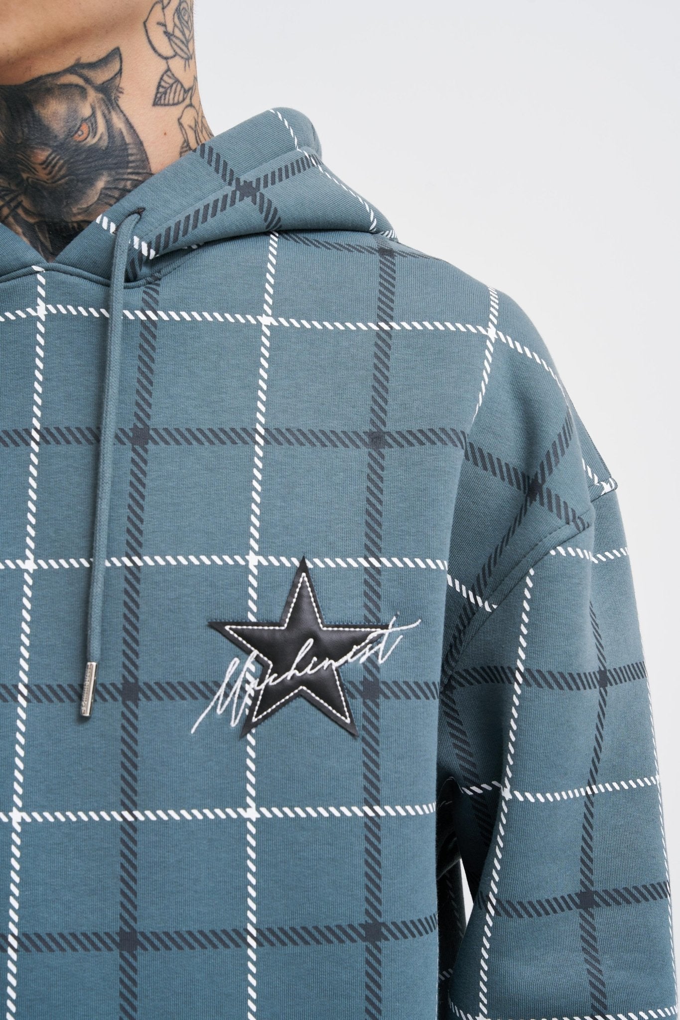 Erkek Leather Applique Kapüşonlu Sweatshirt Mavi Duman