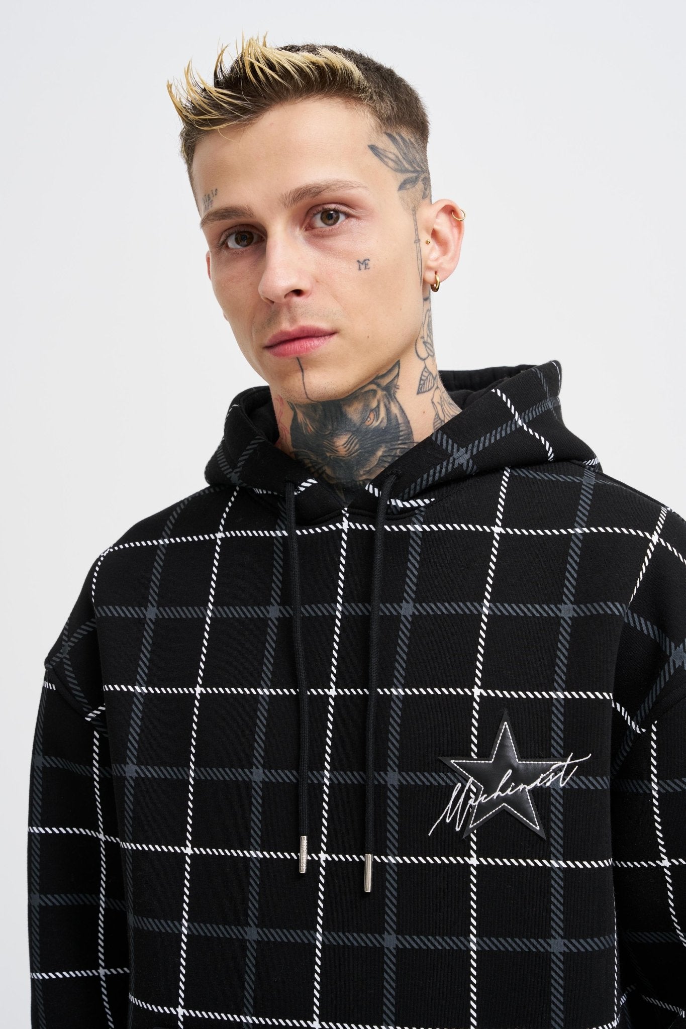 Erkek Leather Applique Kapüşonlu Sweatshirt Siyah