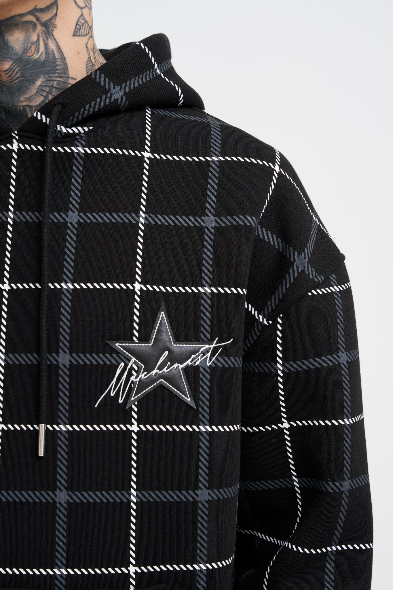 Erkek Leather Applique Kapüşonlu Sweatshirt Siyah