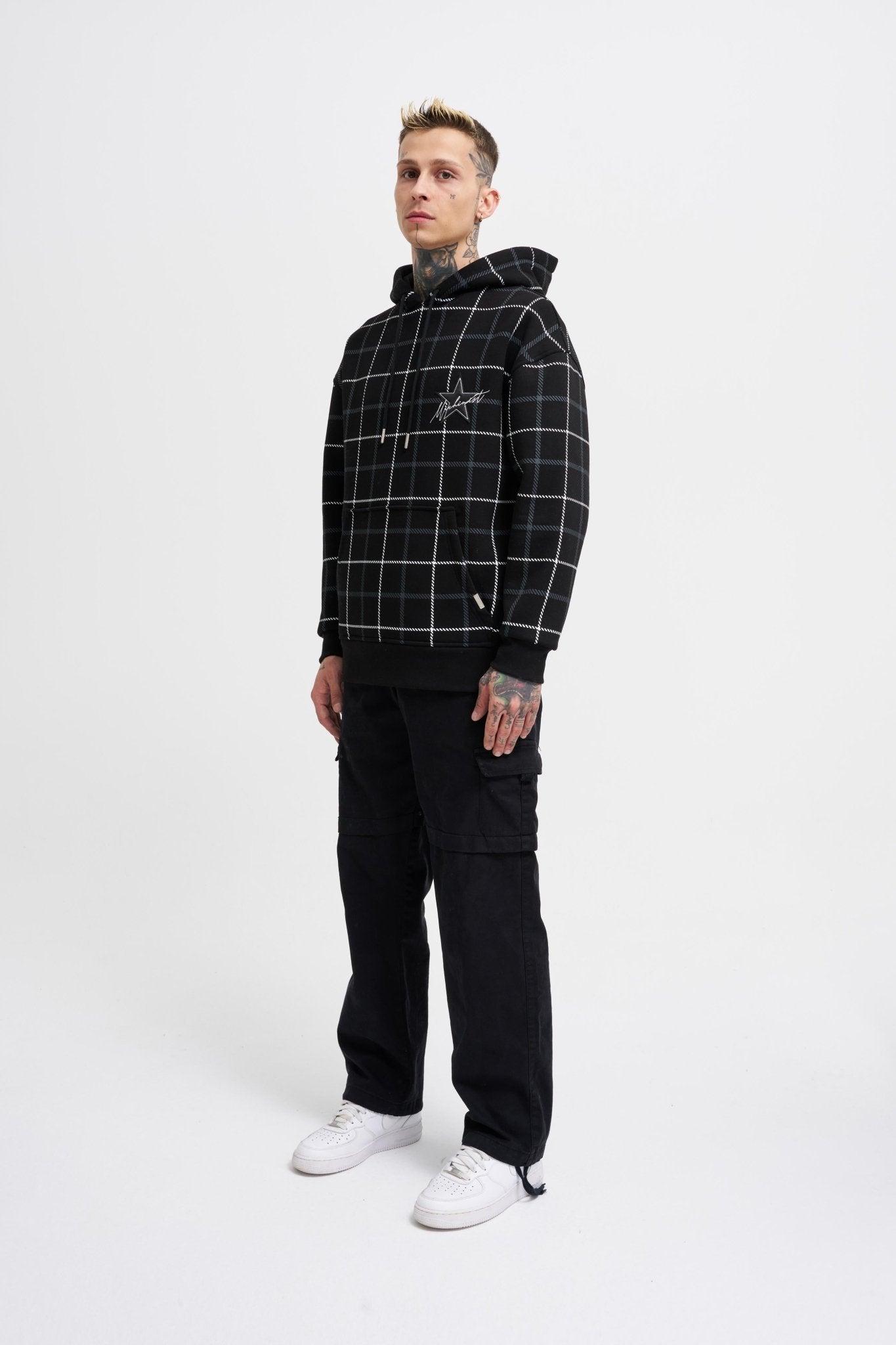 Erkek Leather Applique Kapüşonlu Sweatshirt Siyah
