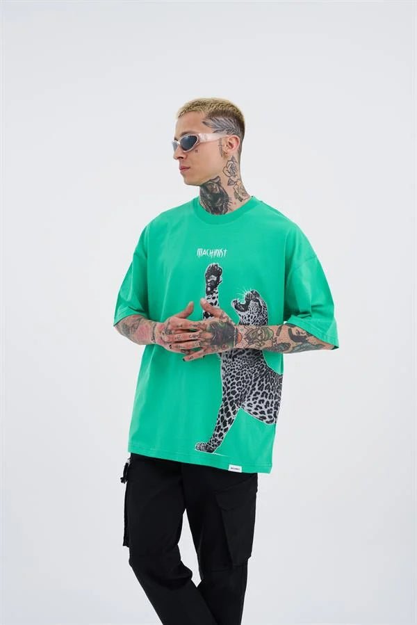 Erkek Leopard Baskılı Oversize Tişört Elektrik Yeşili