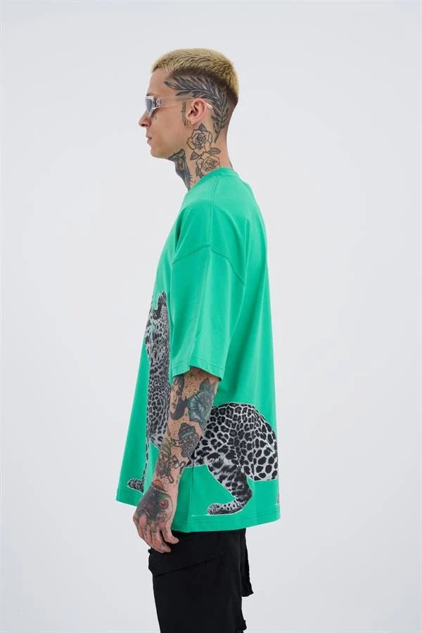 Erkek Leopard Baskılı Oversize Tişört Elektrik Yeşili